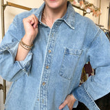Washed Denim Button Down Shirt - Light Wash-200 Fashion Blouses-BLUIVY-July & June Women's Fashion Boutique Located in San Antonio, Texas