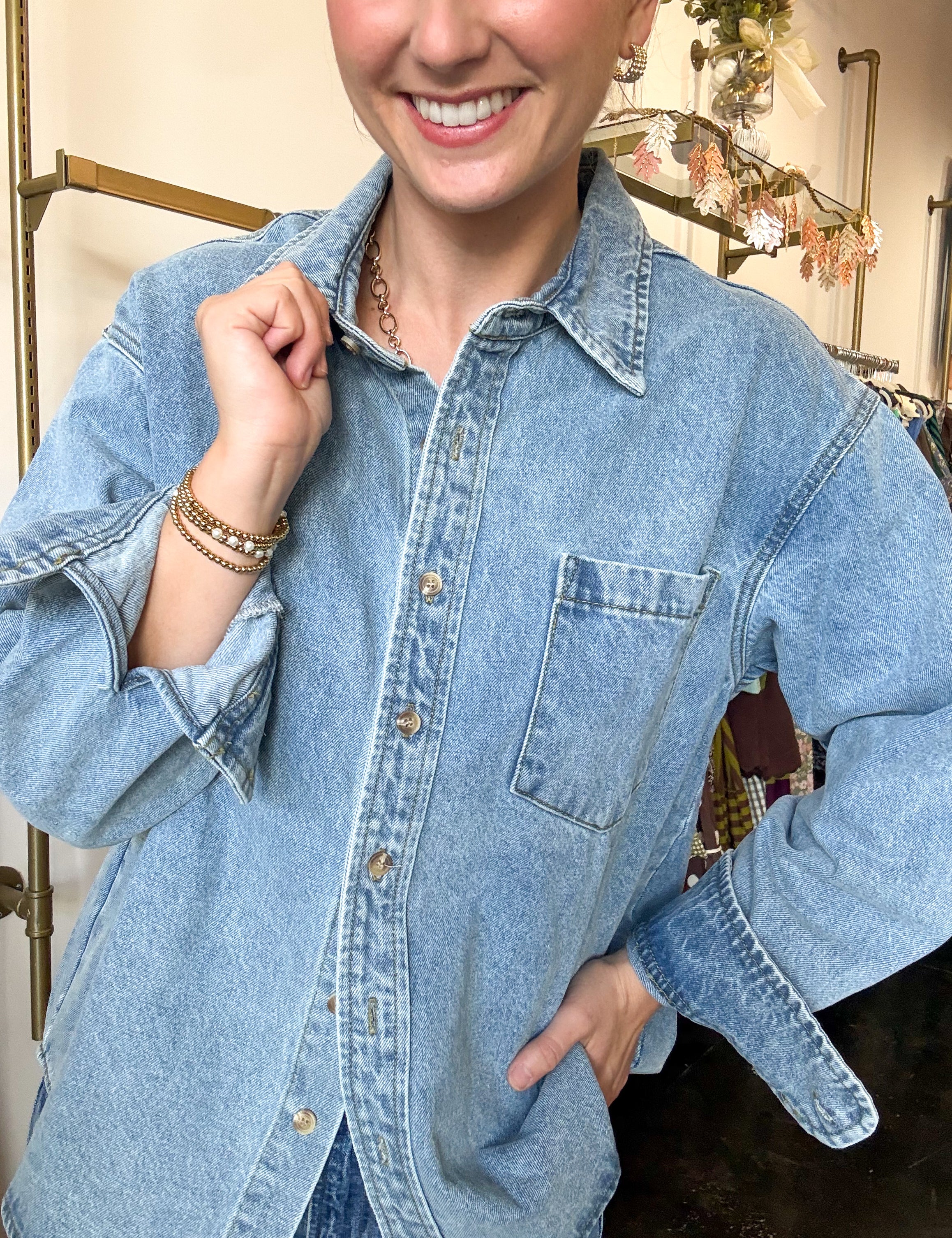 Washed Denim Button Down Shirt - Light Wash-200 Fashion Blouses-BLUIVY-July & June Women's Fashion Boutique Located in San Antonio, Texas