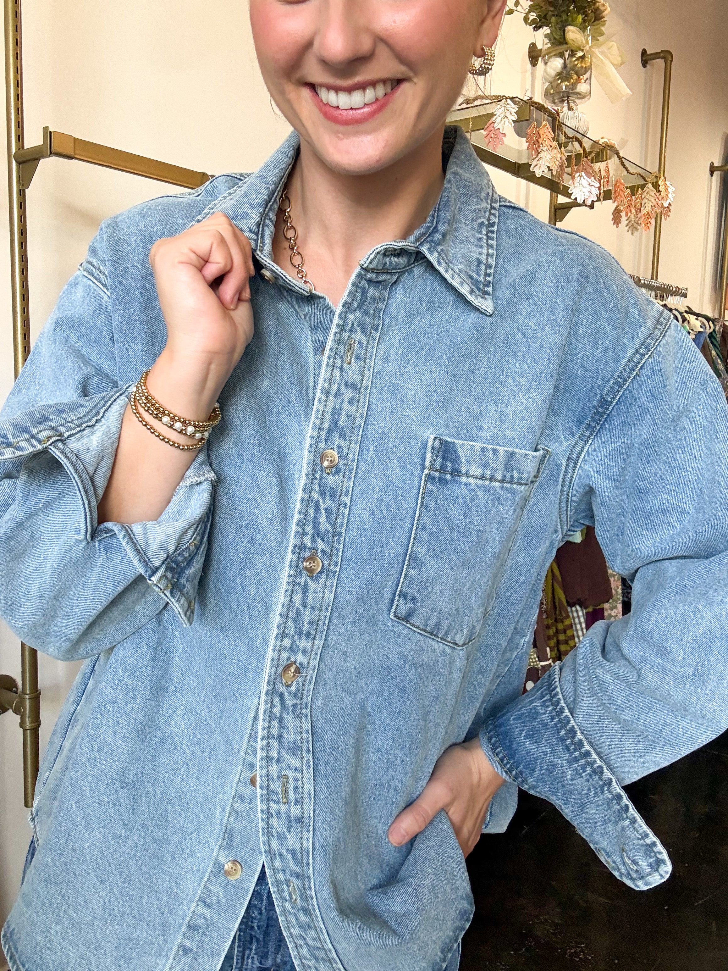 Washed Denim Button Down Shirt - Light Wash-200 Fashion Blouses-BLUIVY-July & June Women's Fashion Boutique Located in San Antonio, Texas