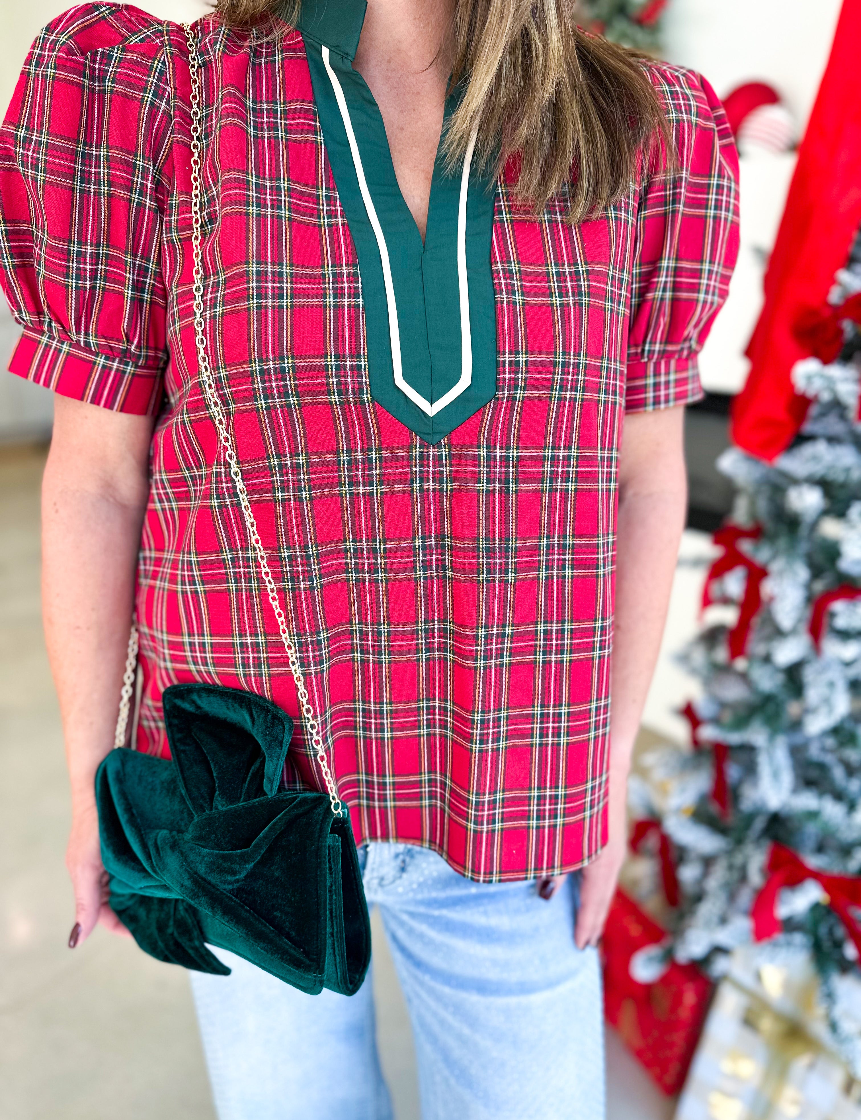 Merry Tartan Blouse-200 Fashion Blouses-ENTRO-July & June Women's Fashion Boutique Located in San Antonio, Texas