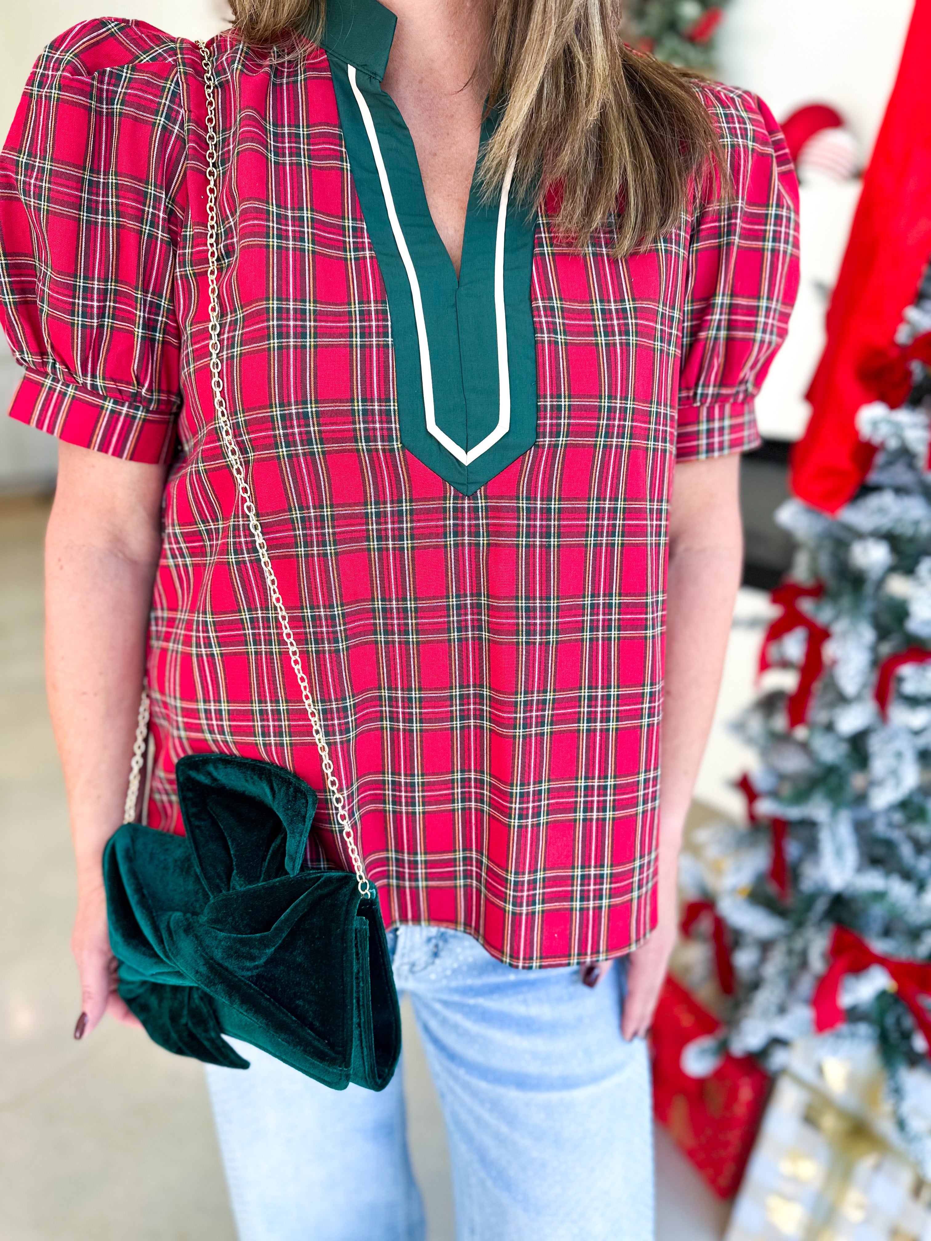 Merry Tartan Blouse-200 Fashion Blouses-ENTRO-July & June Women's Fashion Boutique Located in San Antonio, Texas