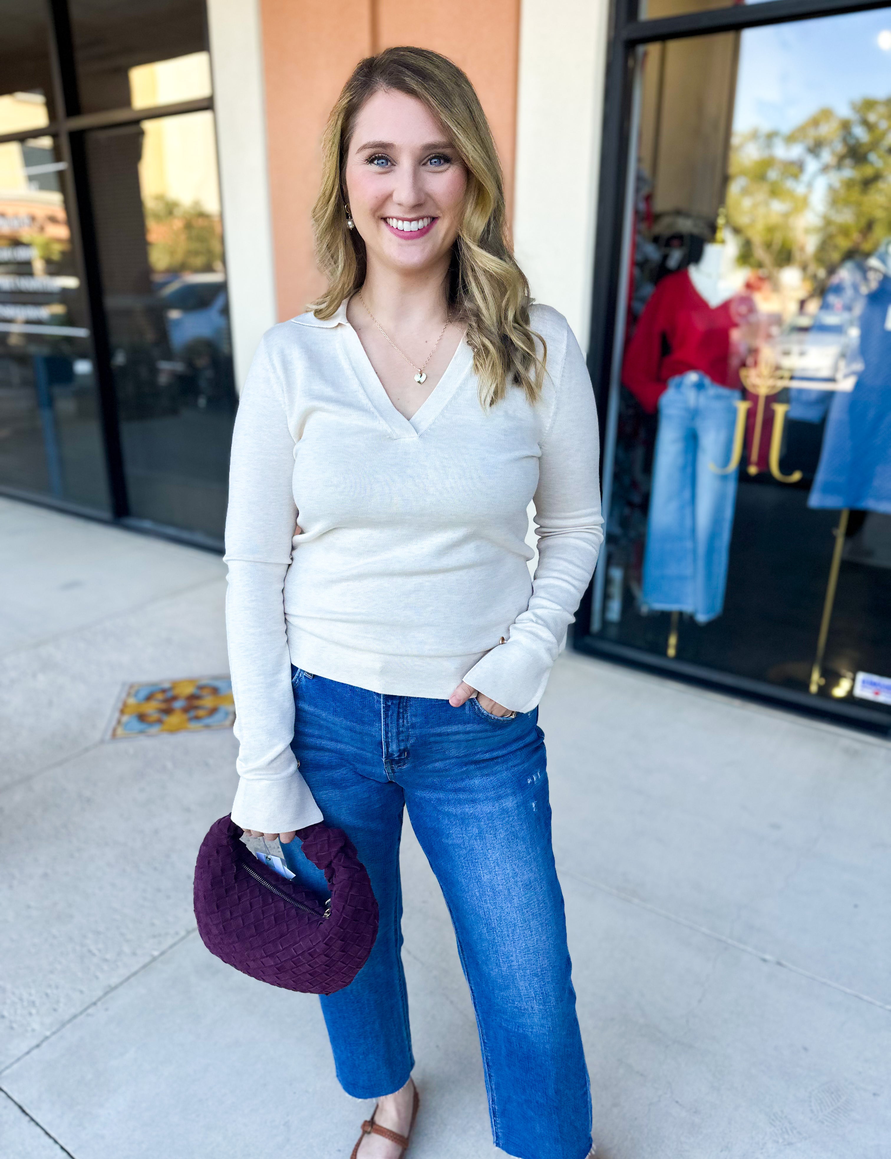 Collared Knit Long Sleeve - Cream-230 Sweaters/Cardis-SKIES ARE BLUE-July & June Women's Fashion Boutique Located in San Antonio, Texas