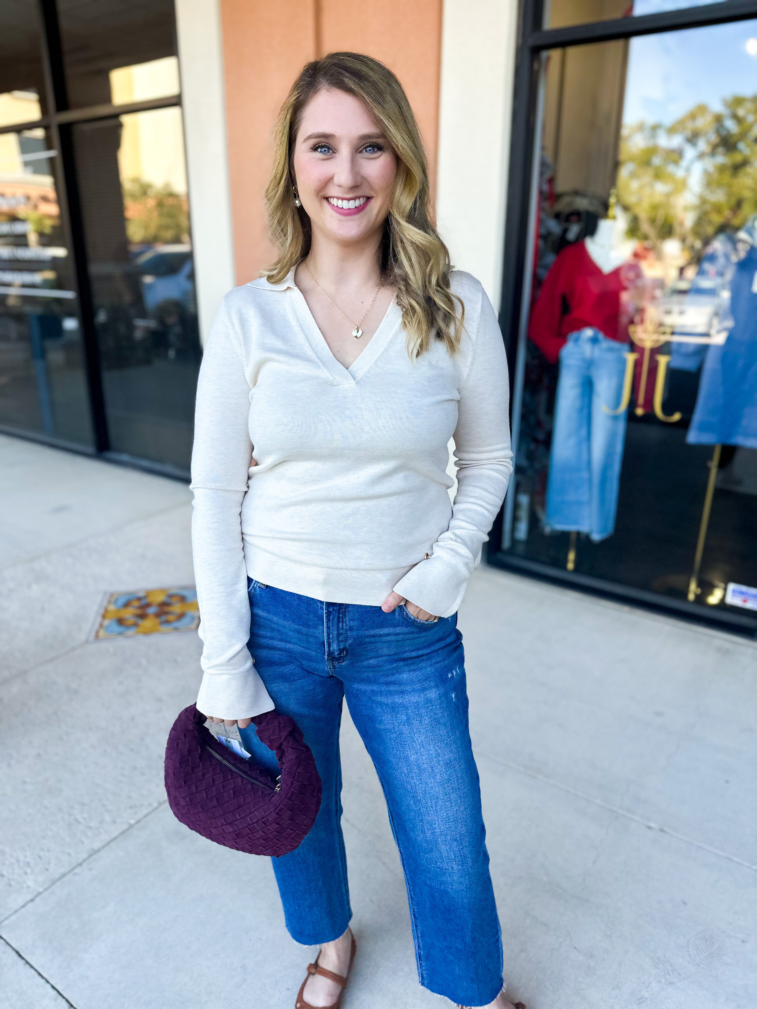 Collared Knit Long Sleeve - Cream-230 Sweaters/Cardis-SKIES ARE BLUE-July & June Women's Fashion Boutique Located in San Antonio, Texas