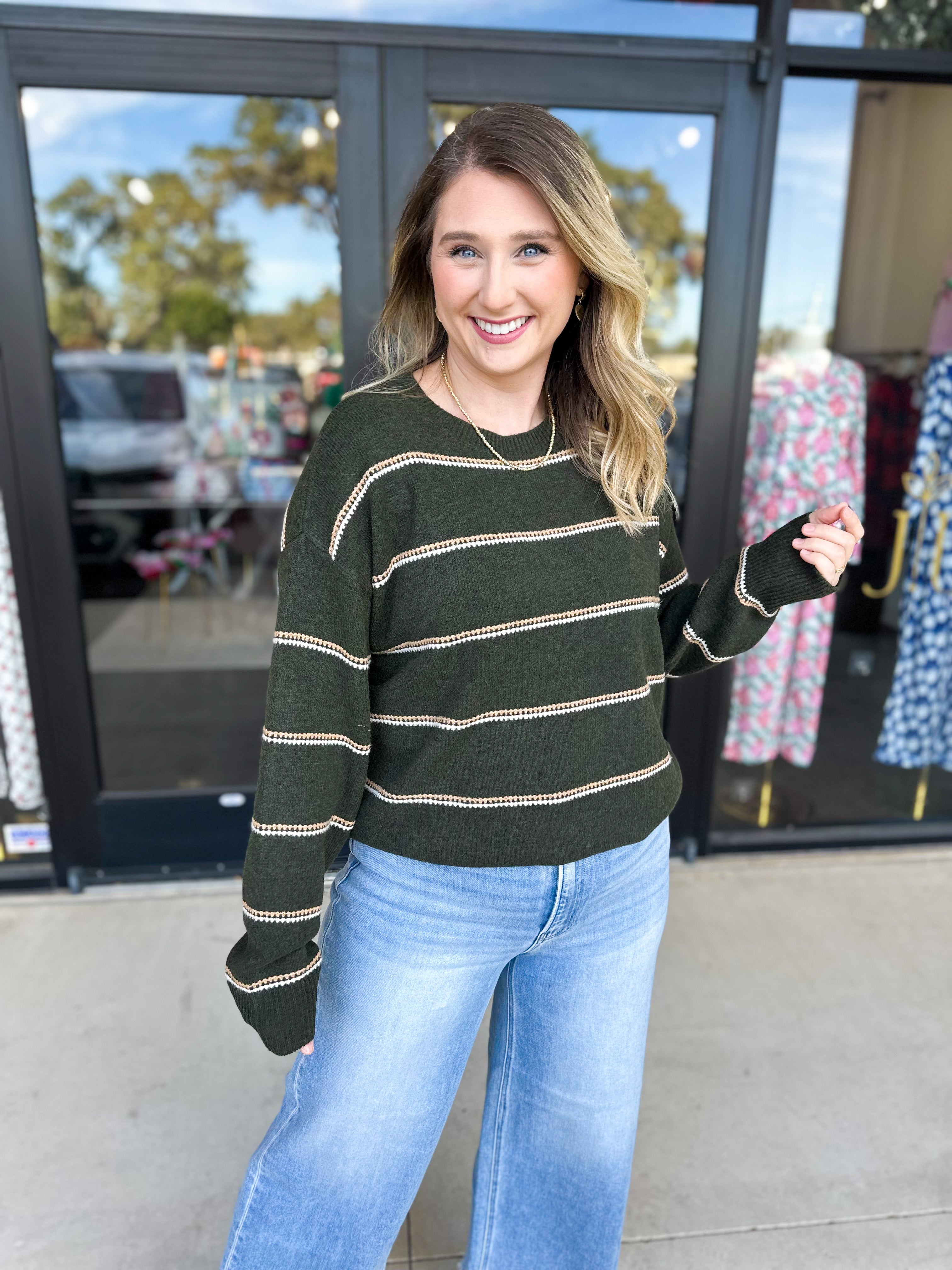 Olive & Camel Sweater-230 Sweaters/Cardis-SKIES ARE BLUE-July & June Women's Fashion Boutique Located in San Antonio, Texas