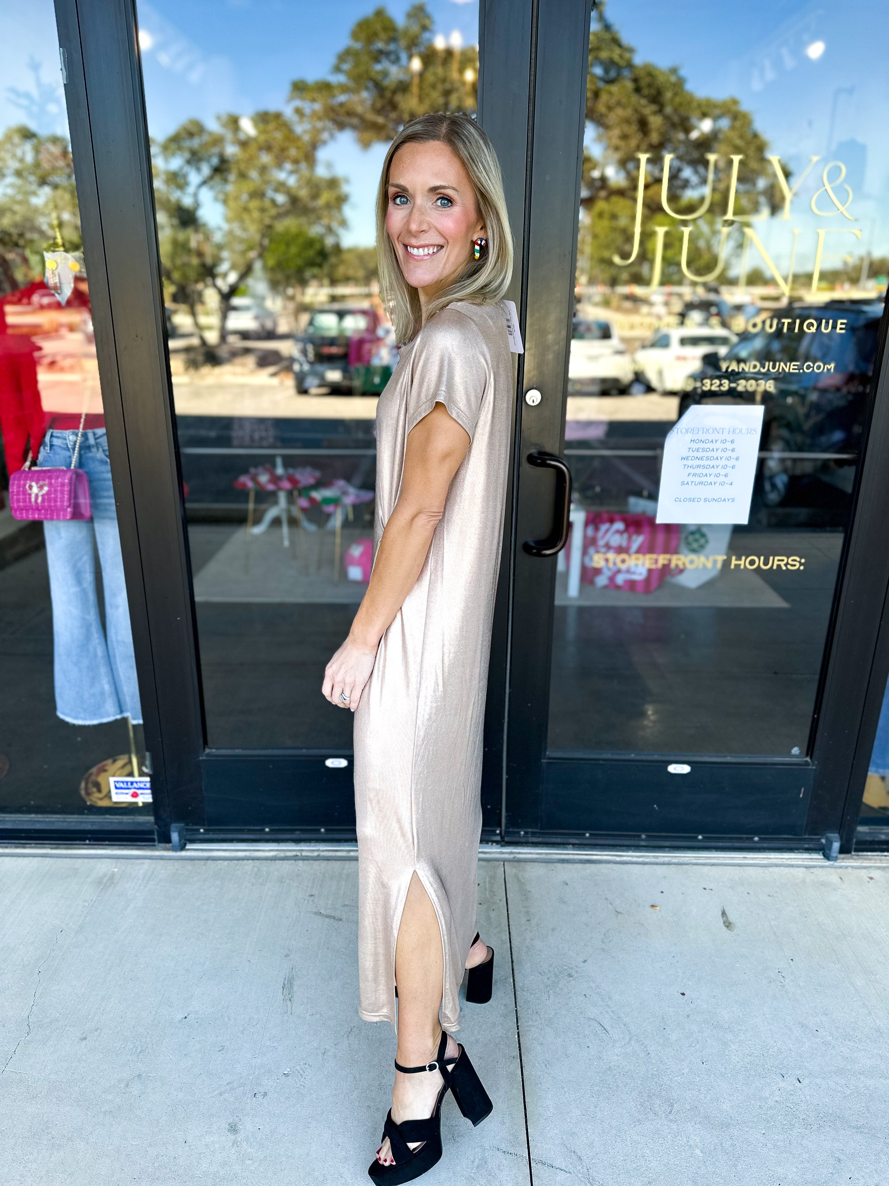 Rose Gold Shimmer Midi Dress-500 Midi-JODIFL-July & June Women's Fashion Boutique Located in San Antonio, Texas