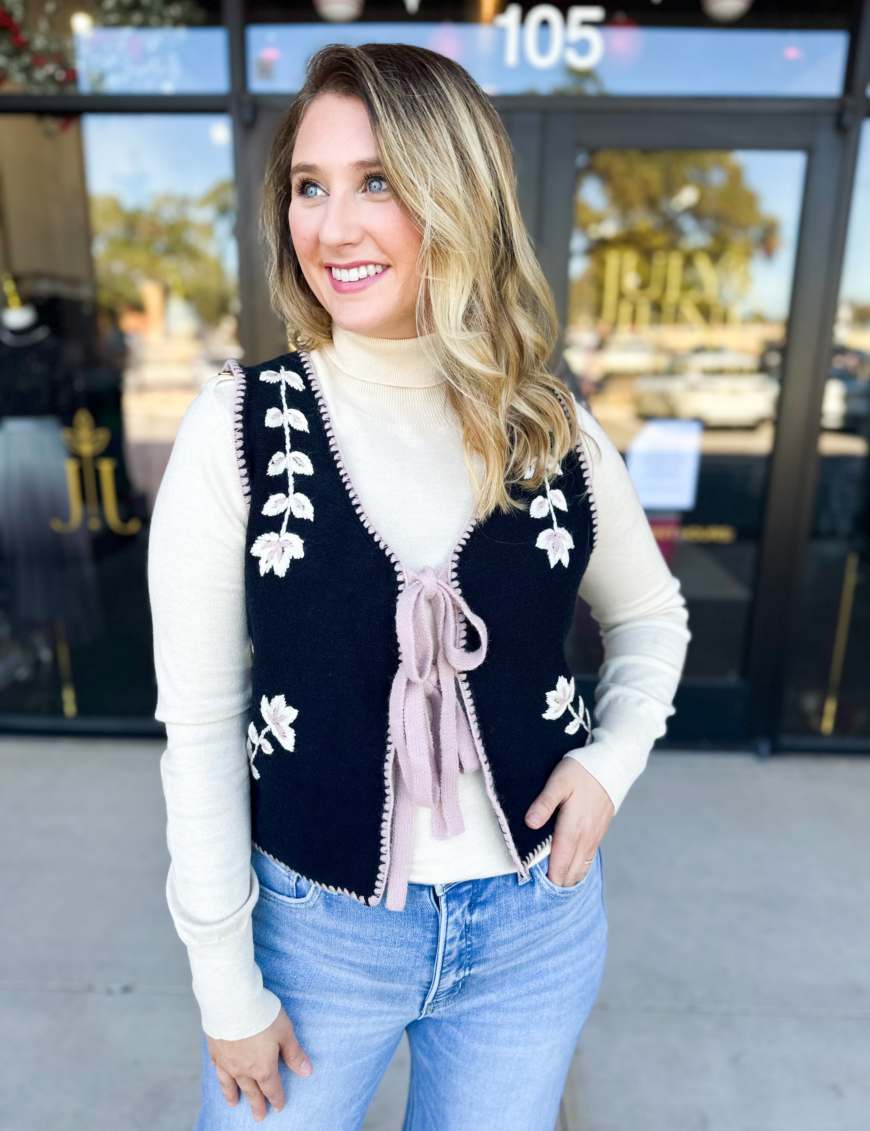 Mauve & Black Knit Floral Vest-600 Outerwear-LISTICLE-July & June Women's Fashion Boutique Located in San Antonio, Texas