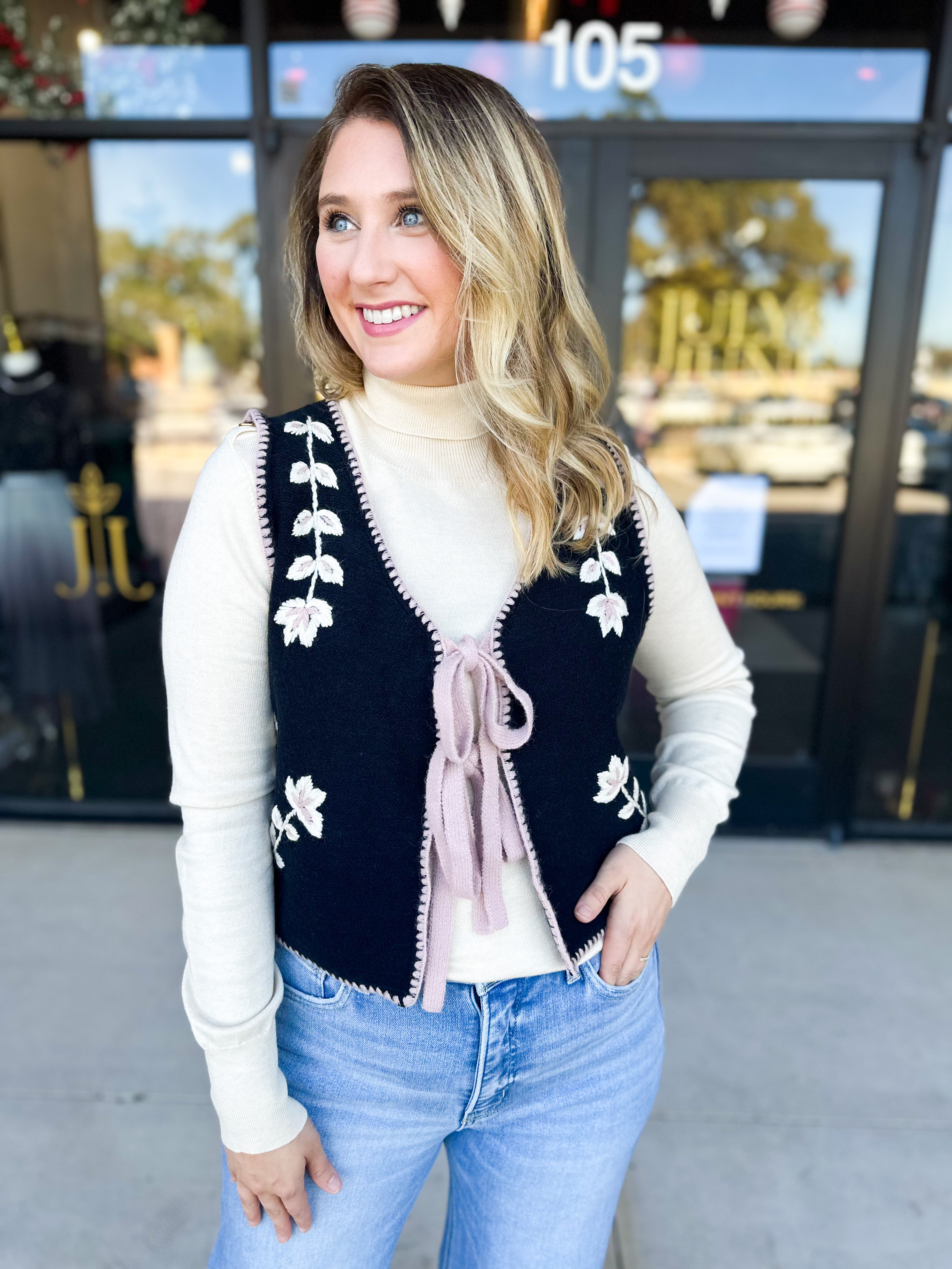 Mauve & Black Knit Floral Vest-600 Outerwear-LISTICLE-July & June Women's Fashion Boutique Located in San Antonio, Texas