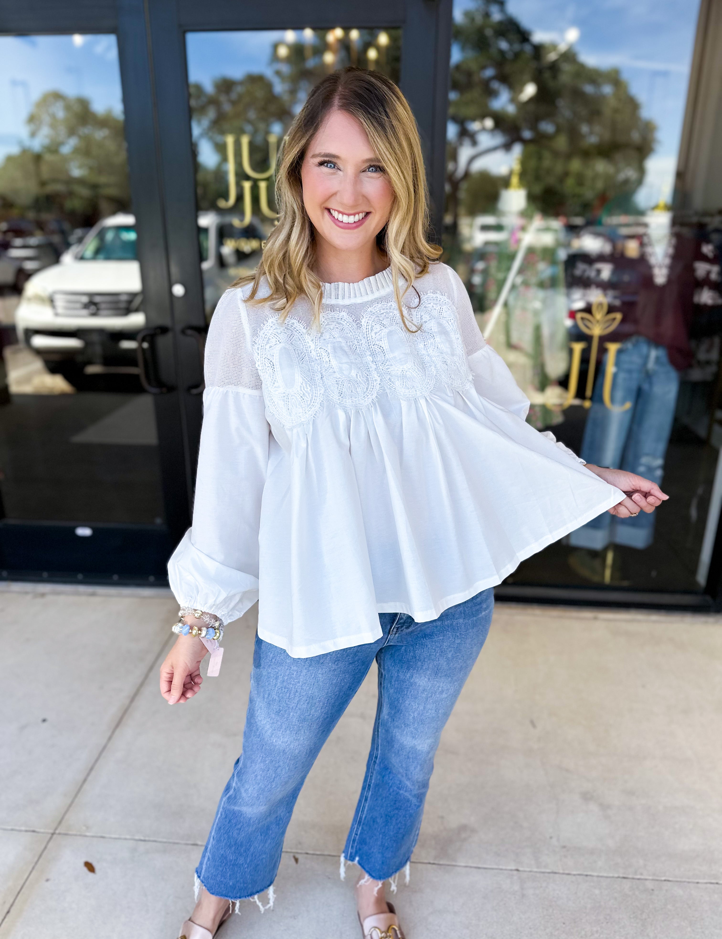The Lace Details Blouse Long Sleeve - Ivory-200 Fashion Blouses-FATE-July & June Women's Fashion Boutique Located in San Antonio, Texas