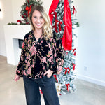 Velvet Floral Blouse - Black-200 Fashion Blouses-JODIFL-July & June Women's Fashion Boutique Located in San Antonio, Texas