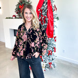 Velvet Floral Blouse - Black-200 Fashion Blouses-JODIFL-July & June Women's Fashion Boutique Located in San Antonio, Texas