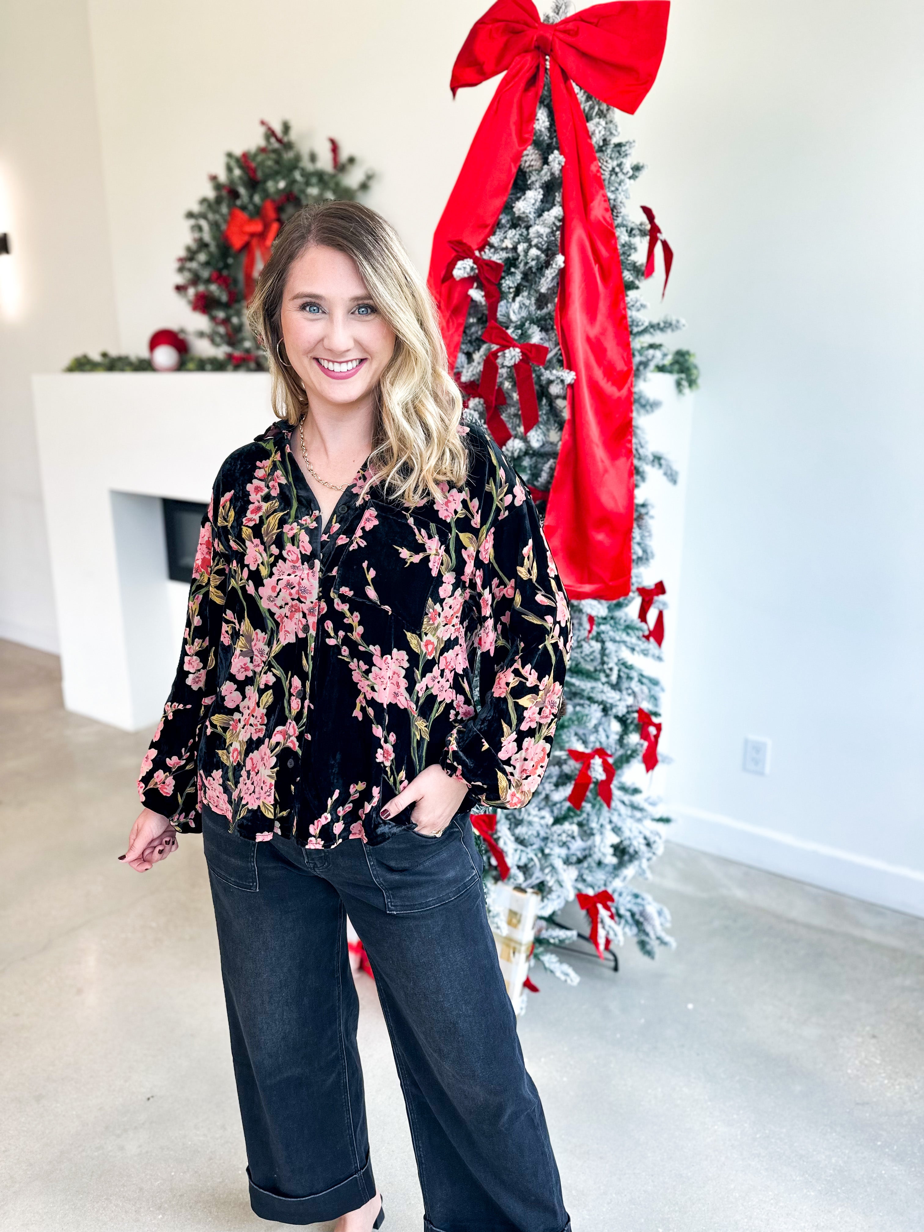Velvet Floral Blouse - Black-200 Fashion Blouses-JODIFL-July & June Women's Fashion Boutique Located in San Antonio, Texas