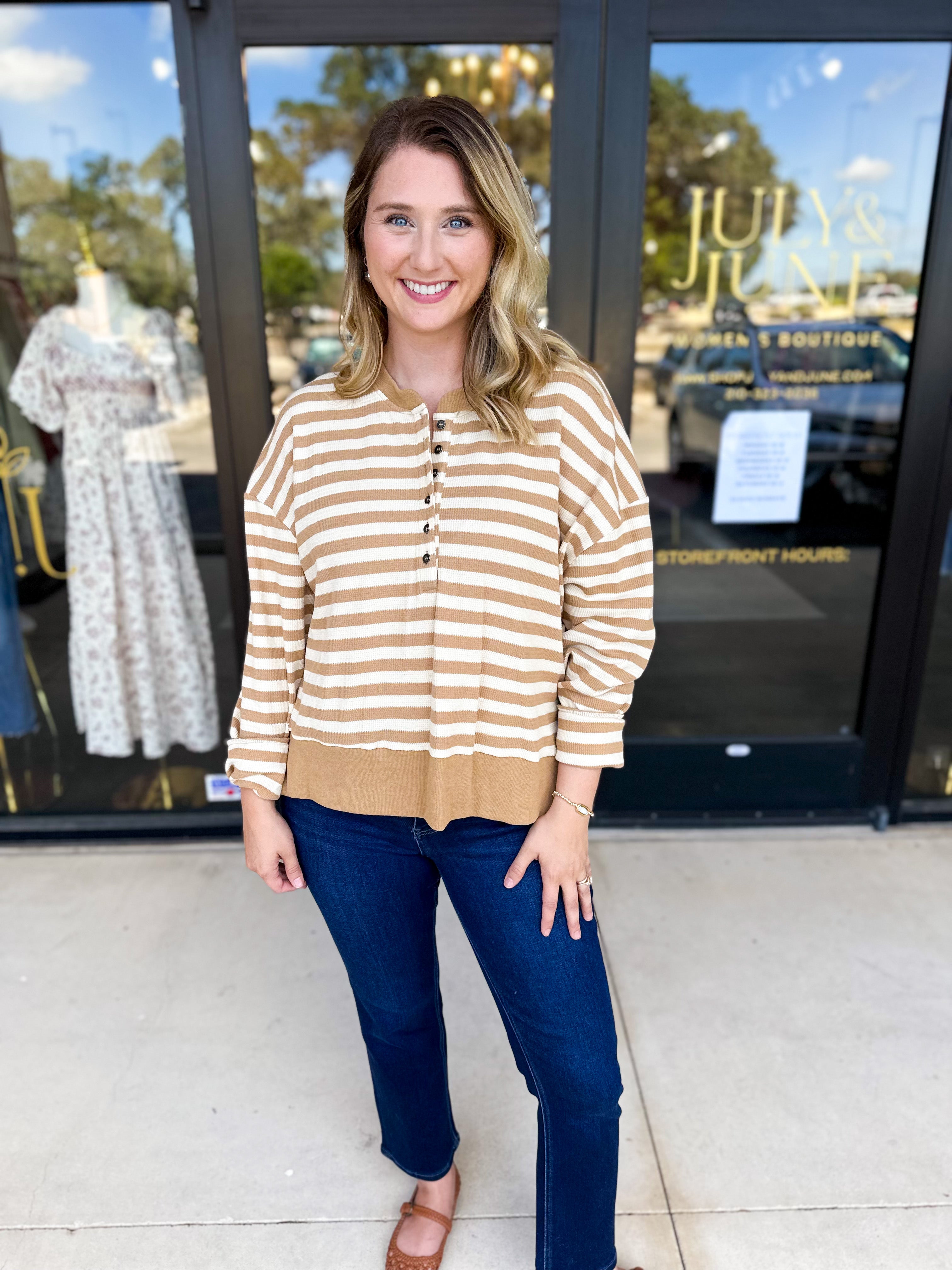 Casual Cool Henley Long Sleeve - Tan-210 Casual Blouses-POLOGRAM-July & June Women's Fashion Boutique Located in San Antonio, Texas