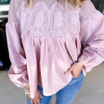 The Lace Details Blouse Long Sleeve - Blush-200 Fashion Blouses-FATE-July & June Women's Fashion Boutique Located in San Antonio, Texas