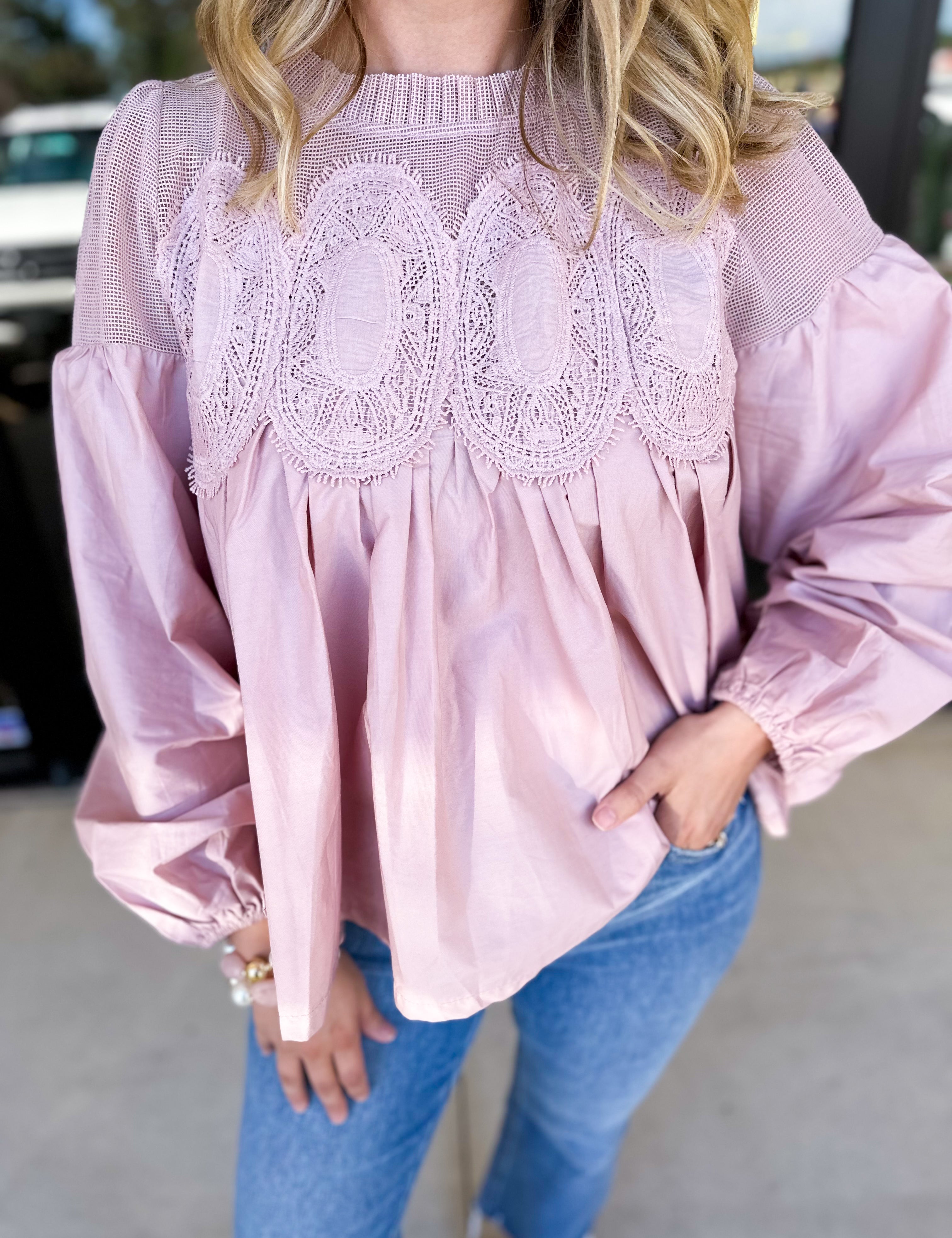 The Lace Details Blouse Long Sleeve - Blush-200 Fashion Blouses-FATE-July & June Women's Fashion Boutique Located in San Antonio, Texas