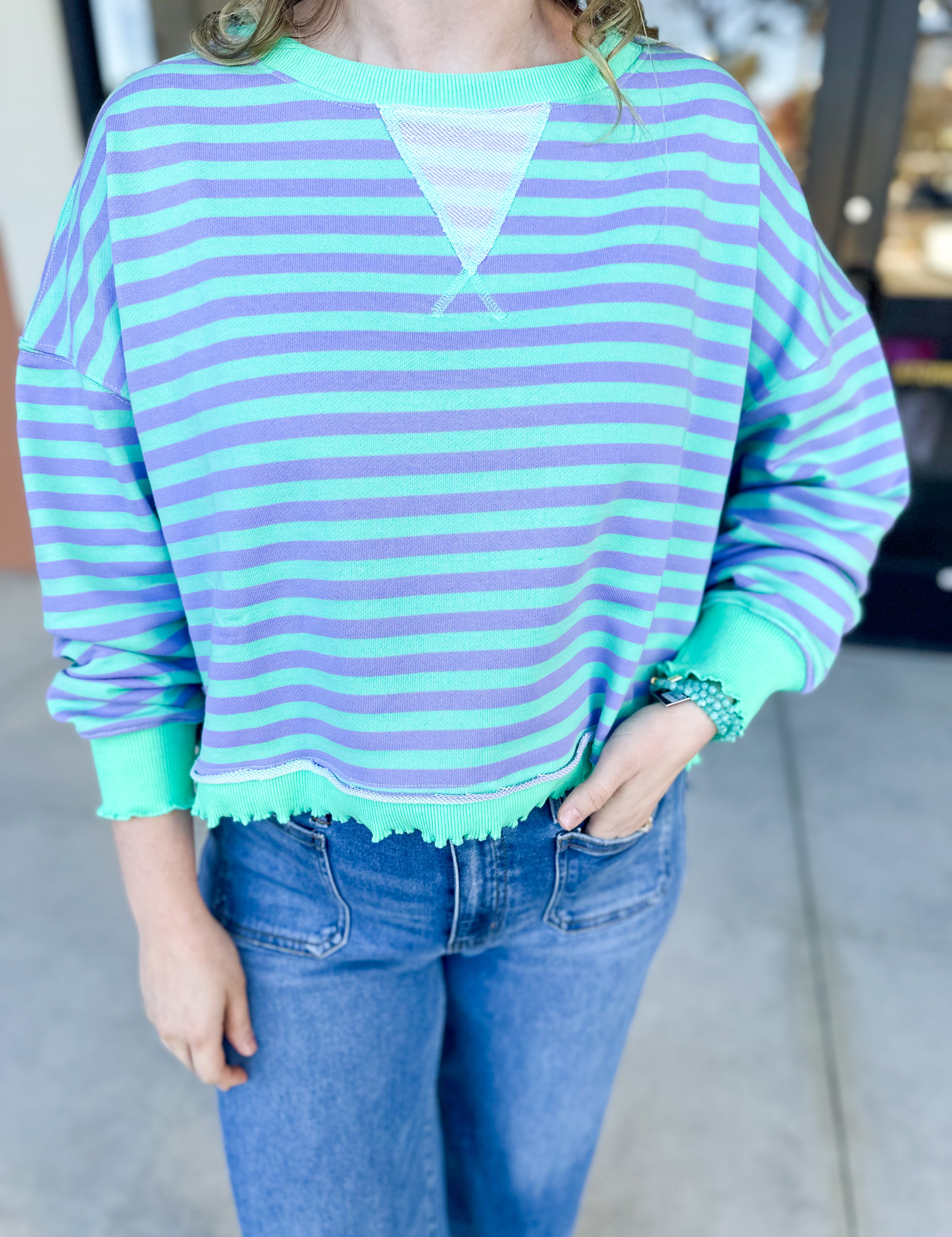 Seafoam Striped Long Sleeve Top-210 Casual Blouses-VEVERET CLOTHING-July & June Women's Fashion Boutique Located in San Antonio, Texas