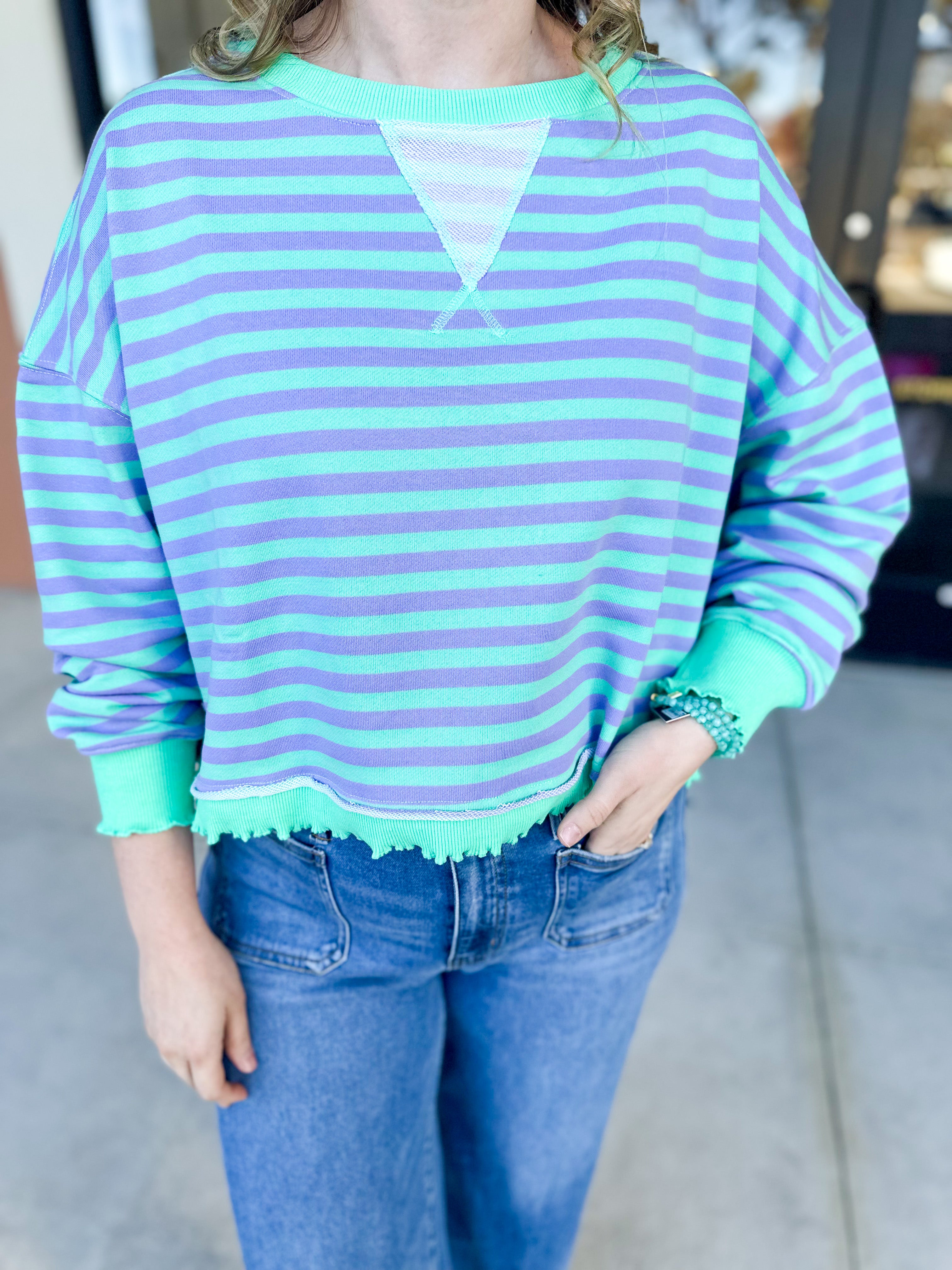 Seafoam Striped Long Sleeve Top-210 Casual Blouses-VEVERET CLOTHING-July & June Women's Fashion Boutique Located in San Antonio, Texas