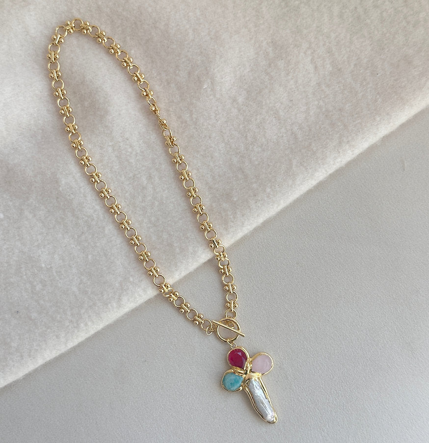 Easton Elle - Multi Stone Cross Loop Necklace-110 Jewelry & Hair-Easton Elle-July & June Women's Fashion Boutique Located in San Antonio, Texas
