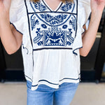 Navy & Ivory Embroidered Blouse-200 Fashion Blouses-FATE-July & June Women's Fashion Boutique Located in San Antonio, Texas