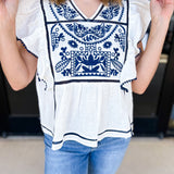 Navy & Ivory Embroidered Blouse-200 Fashion Blouses-FATE-July & June Women's Fashion Boutique Located in San Antonio, Texas