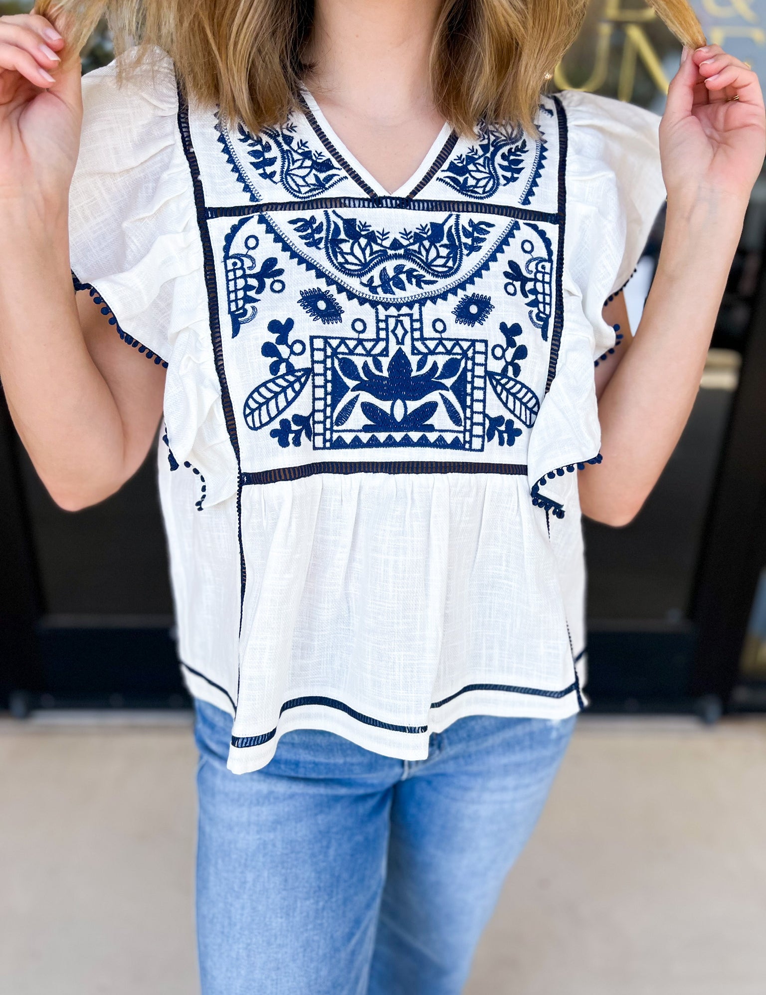 Navy & Ivory Embroidered Blouse-200 Fashion Blouses-FATE-July & June Women's Fashion Boutique Located in San Antonio, Texas