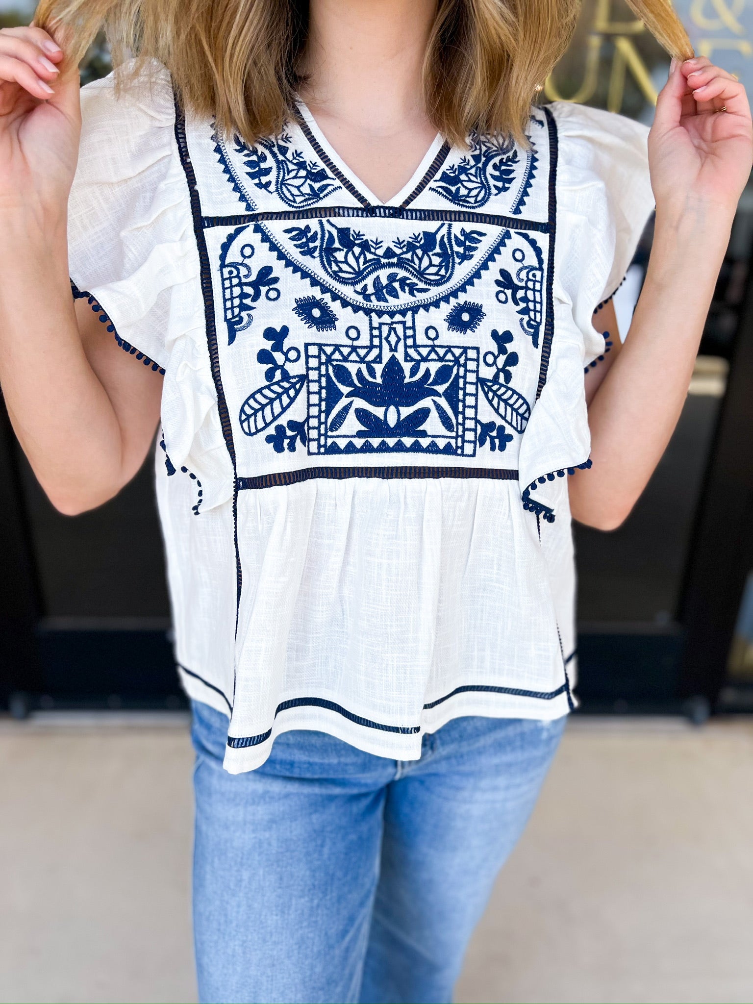 Navy & Ivory Embroidered Blouse-200 Fashion Blouses-FATE-July & June Women's Fashion Boutique Located in San Antonio, Texas