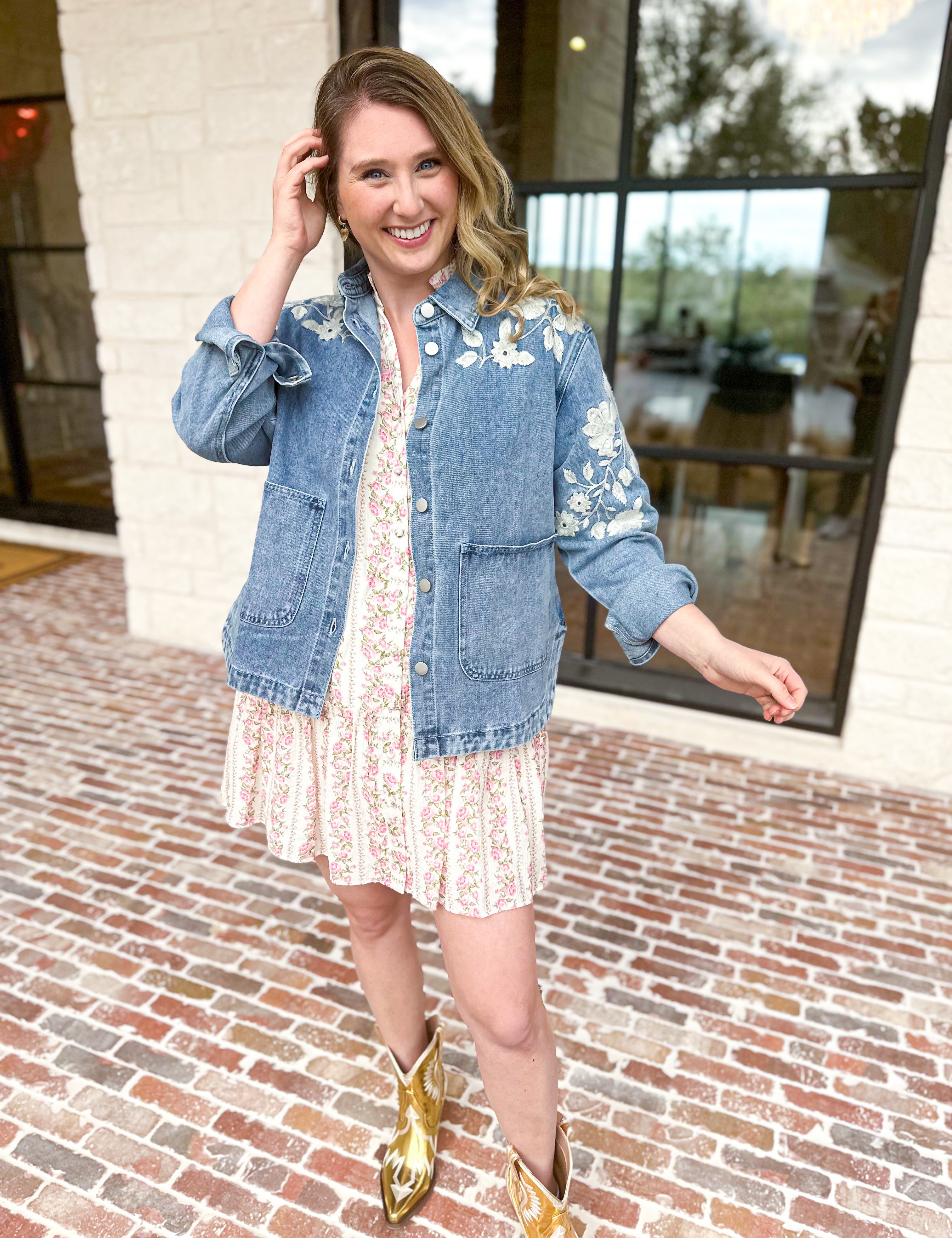 Denim Floral Embroidery Jacket-600 Outerwear-BLUE B-July & June Women's Fashion Boutique Located in San Antonio, Texas