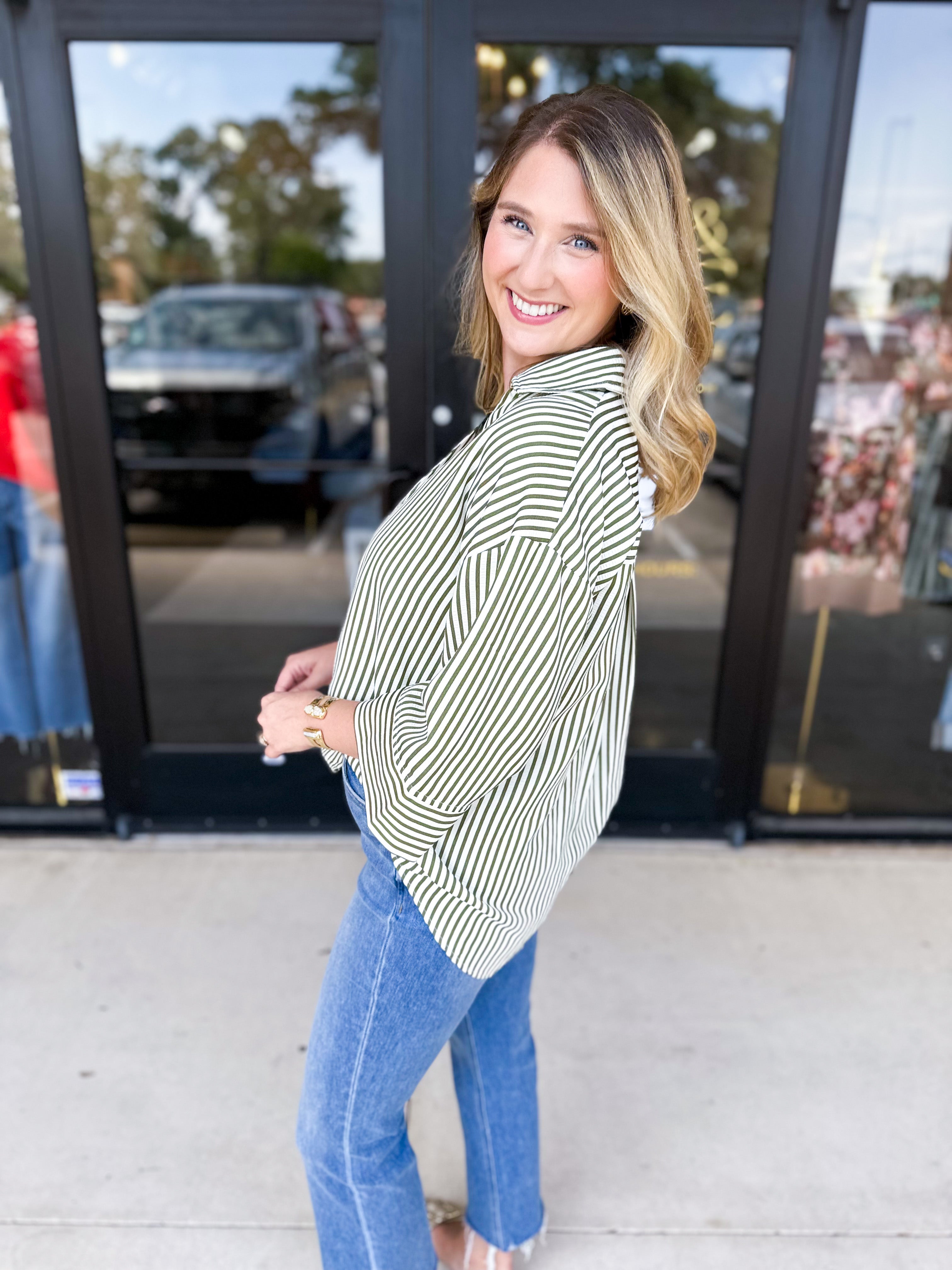 Chic Stripe Blouse - Olive-200 Fashion Blouses-ENTRO-July & June Women's Fashion Boutique Located in San Antonio, Texas