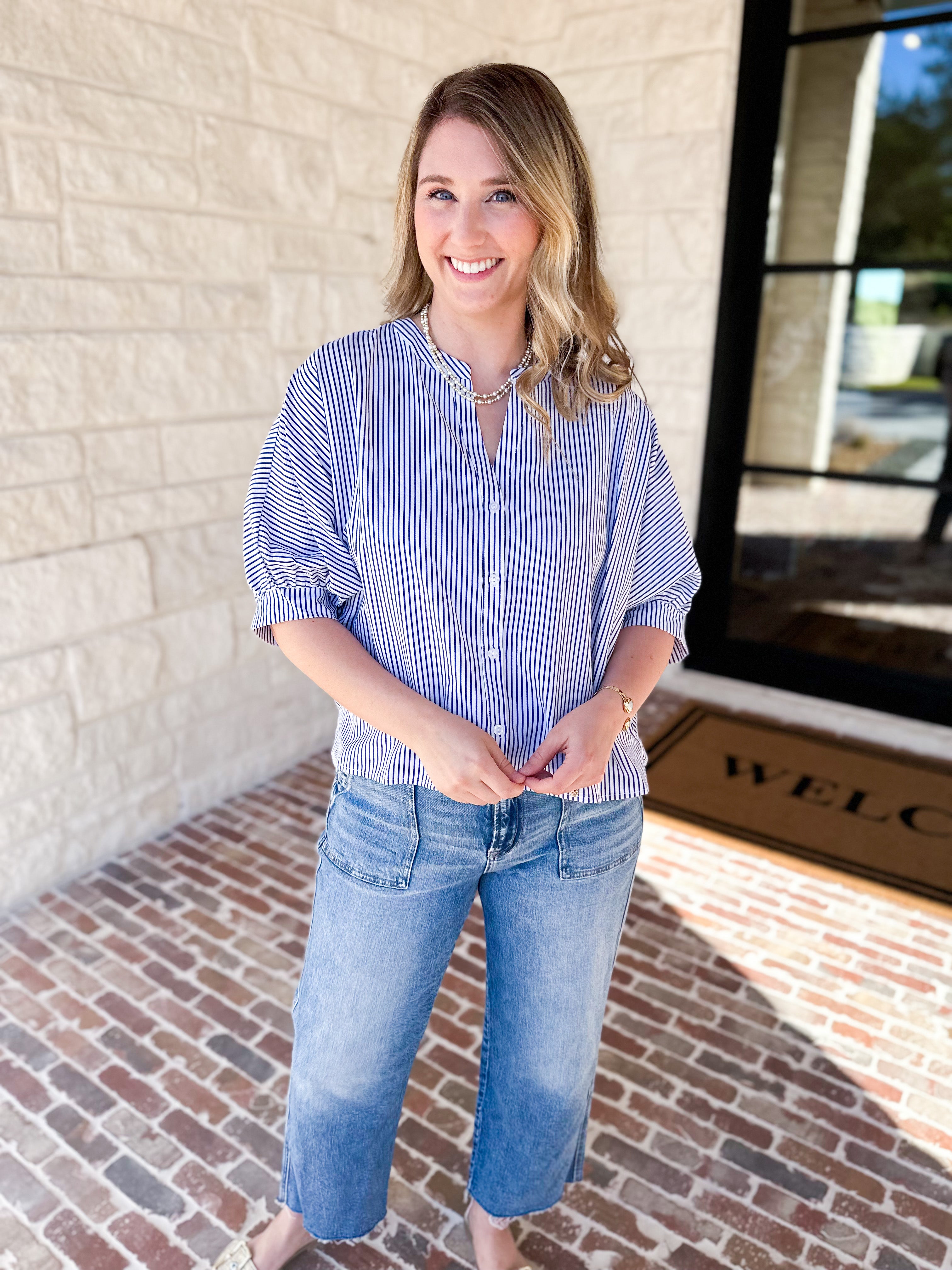 Stripe Dolman Blouse - Navy-200 Fashion Blouses-ALLIE ROSE-July & June Women's Fashion Boutique Located in San Antonio, Texas