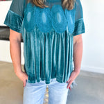 Lace Details Velvet Blouse - Teal-200 Fashion Blouses-FATE-July & June Women's Fashion Boutique Located in San Antonio, Texas