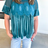 Lace Details Velvet Blouse - Teal-200 Fashion Blouses-FATE-July & June Women's Fashion Boutique Located in San Antonio, Texas