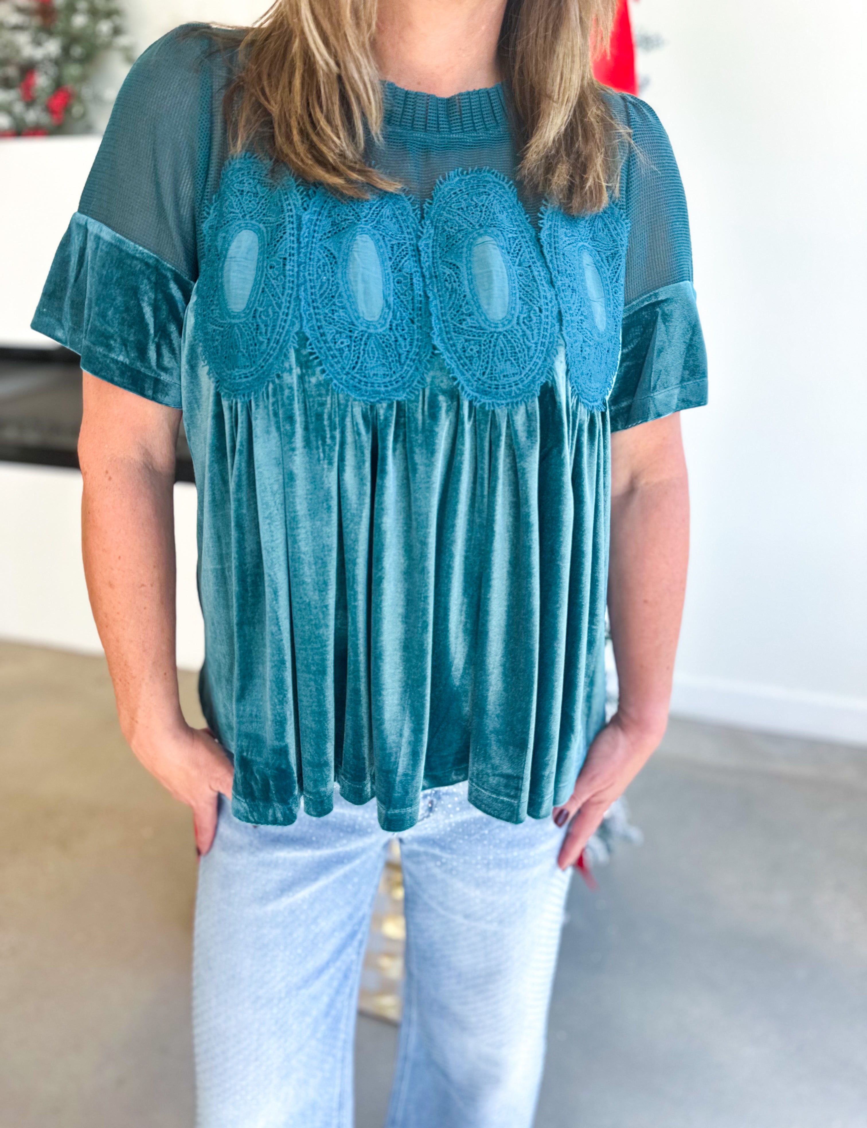 Lace Details Velvet Blouse - Teal-200 Fashion Blouses-FATE-July & June Women's Fashion Boutique Located in San Antonio, Texas