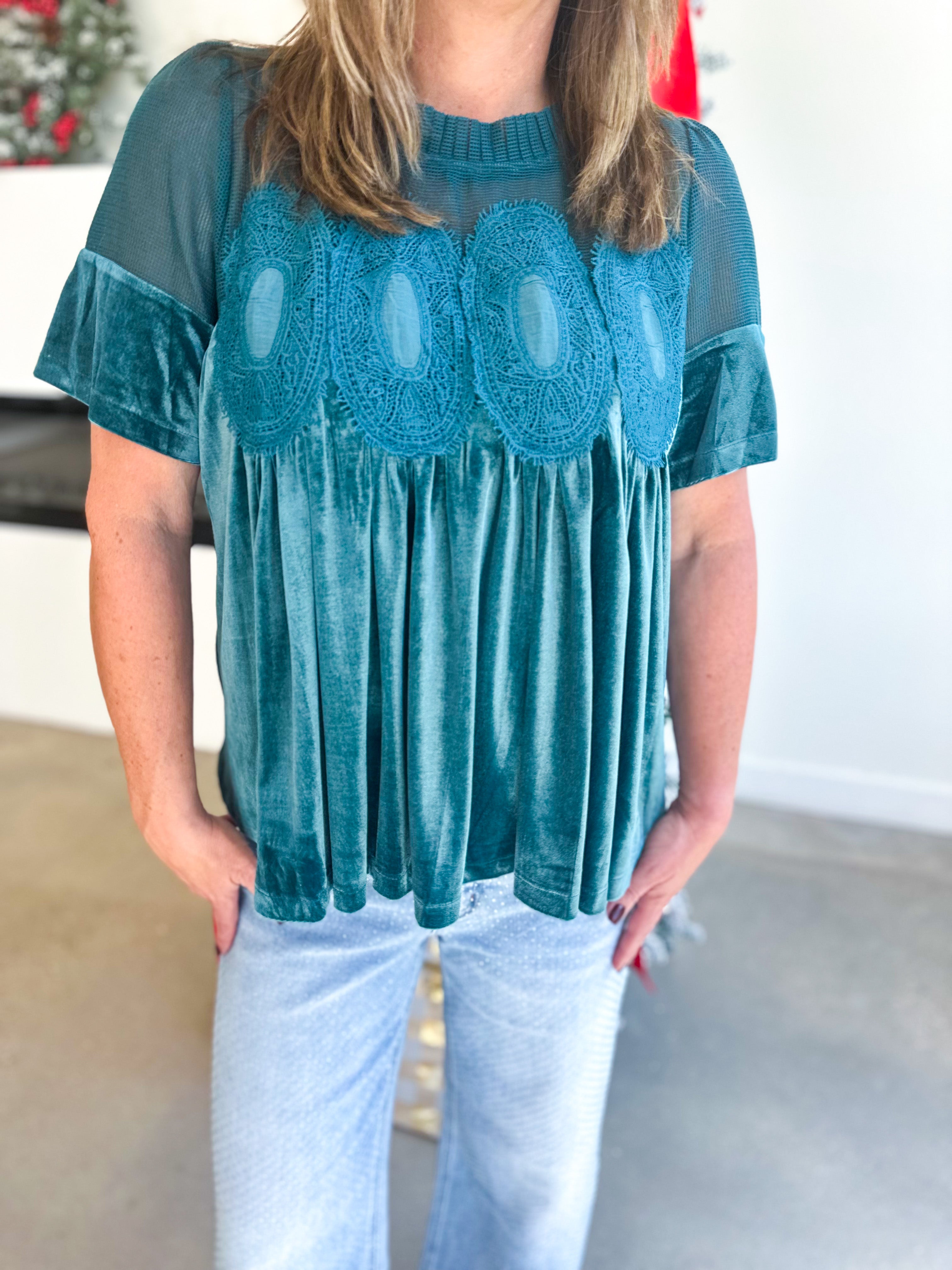 Lace Details Velvet Blouse - Teal-200 Fashion Blouses-FATE-July & June Women's Fashion Boutique Located in San Antonio, Texas