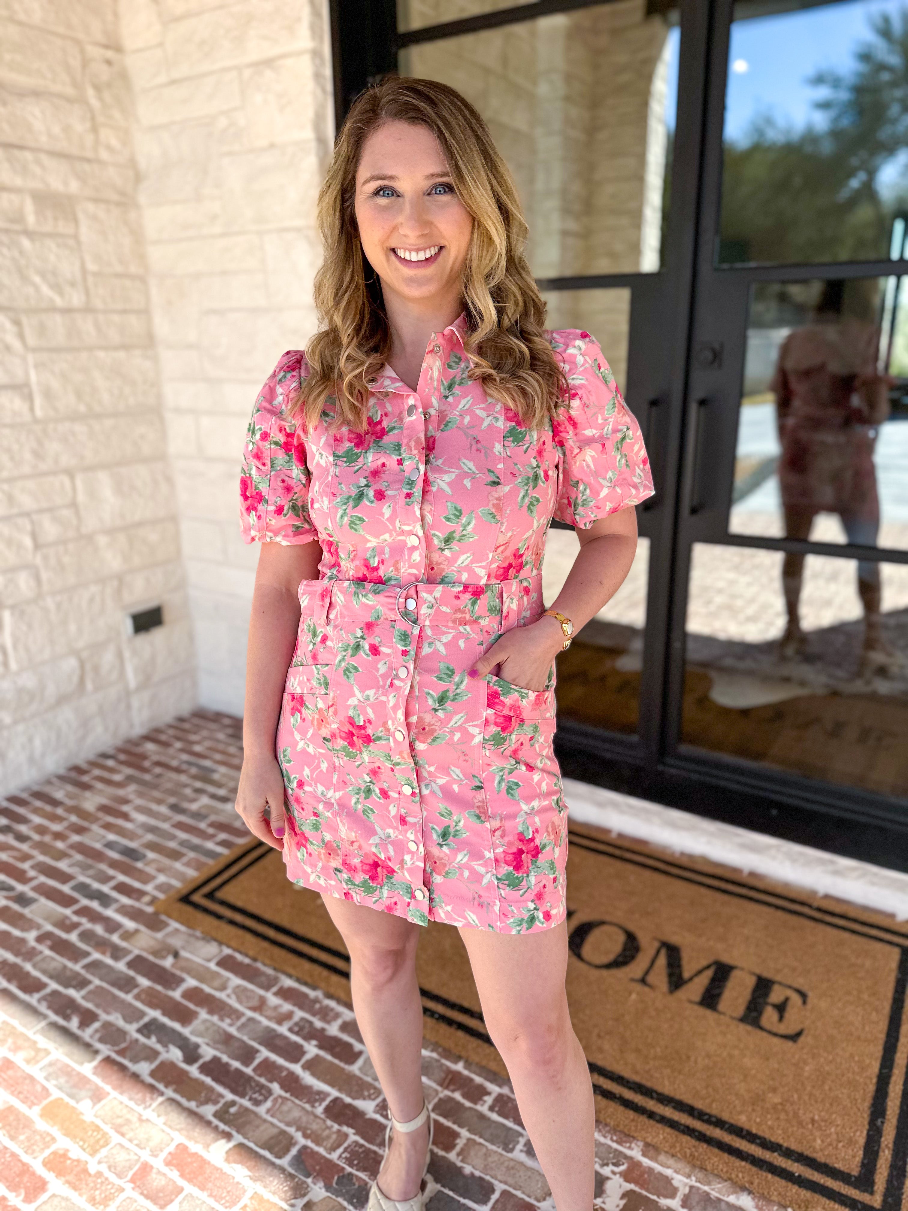 Pink Floral Denim Mini Dress-510 Mini-FATE-July & June Women's Fashion Boutique Located in San Antonio, Texas
