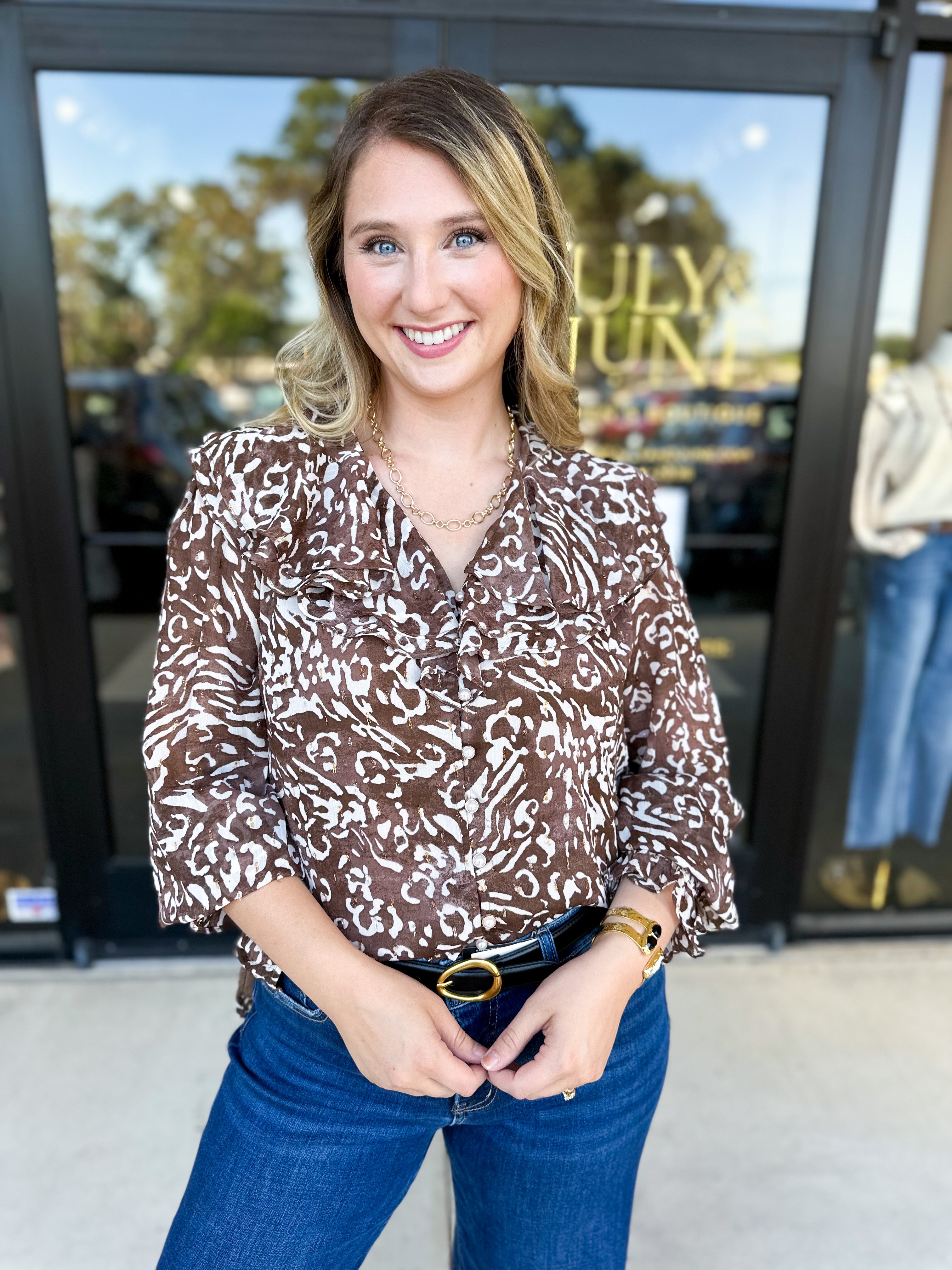 Mocha Cheetah & Ruffle Blouse-200 Fashion Blouses-FATE-July & June Women's Fashion Boutique Located in San Antonio, Texas