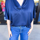 Pink Friday Doorbuster - Classic Satin Blouse - Navy - IN STORE-PINK FRIDAY DOORBUSTERS-GLAM-July & June Women's Fashion Boutique Located in San Antonio, Texas