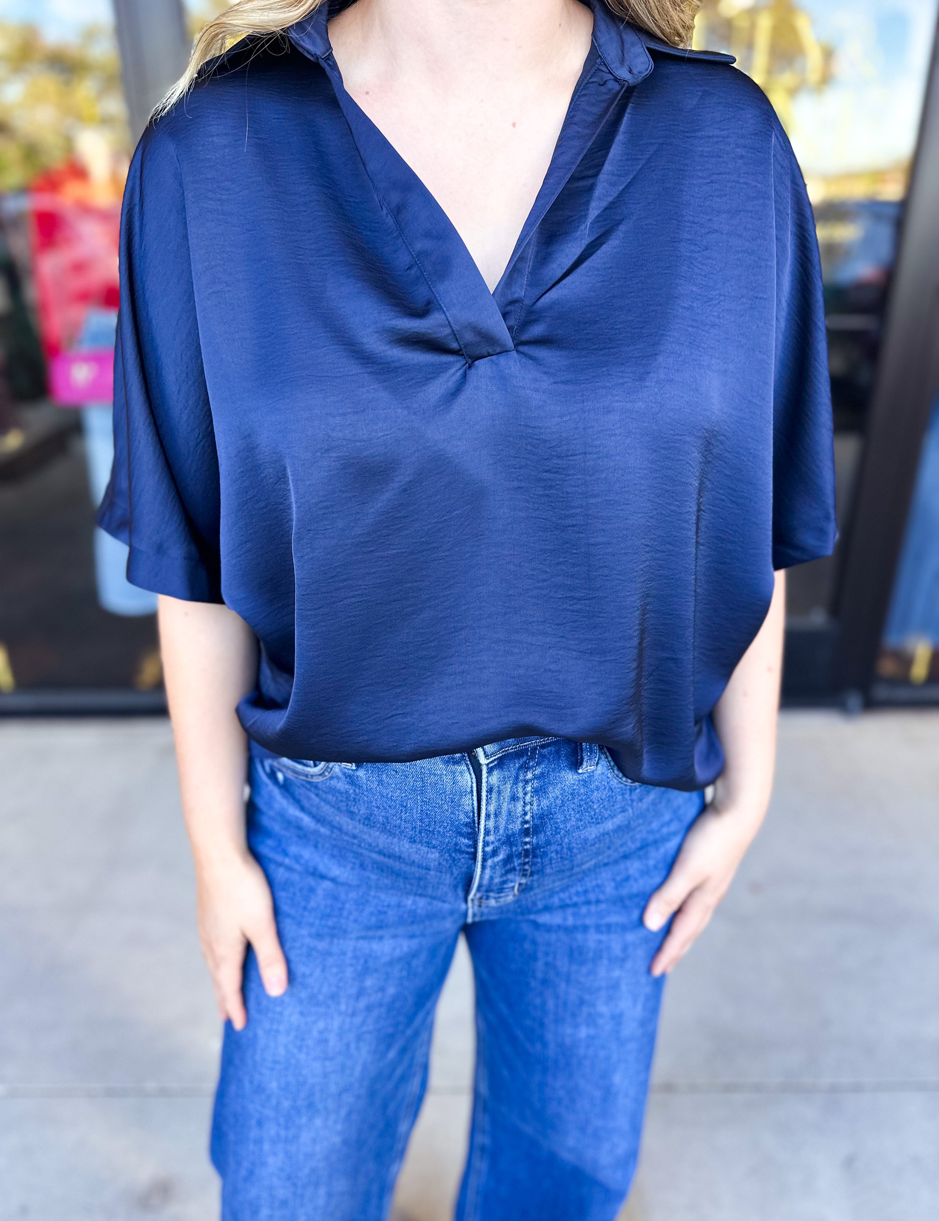 Pink Friday Doorbuster - Classic Satin Blouse - Navy - IN STORE-PINK FRIDAY DOORBUSTERS-GLAM-July & June Women's Fashion Boutique Located in San Antonio, Texas