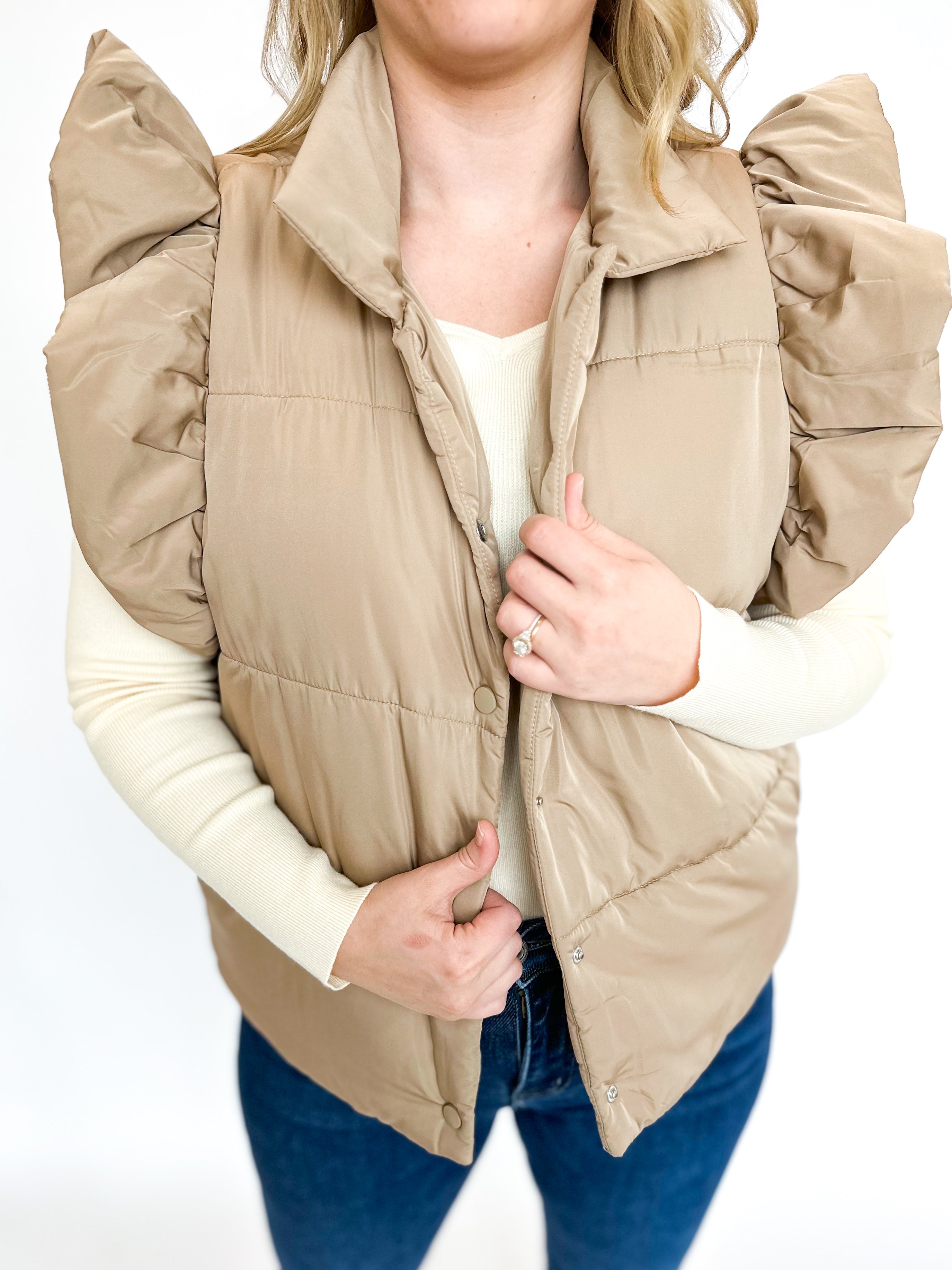 Ruffle Puffer Vest - Taupe-600 Outerwear-ENTRO-July & June Women's Fashion Boutique Located in San Antonio, Texas