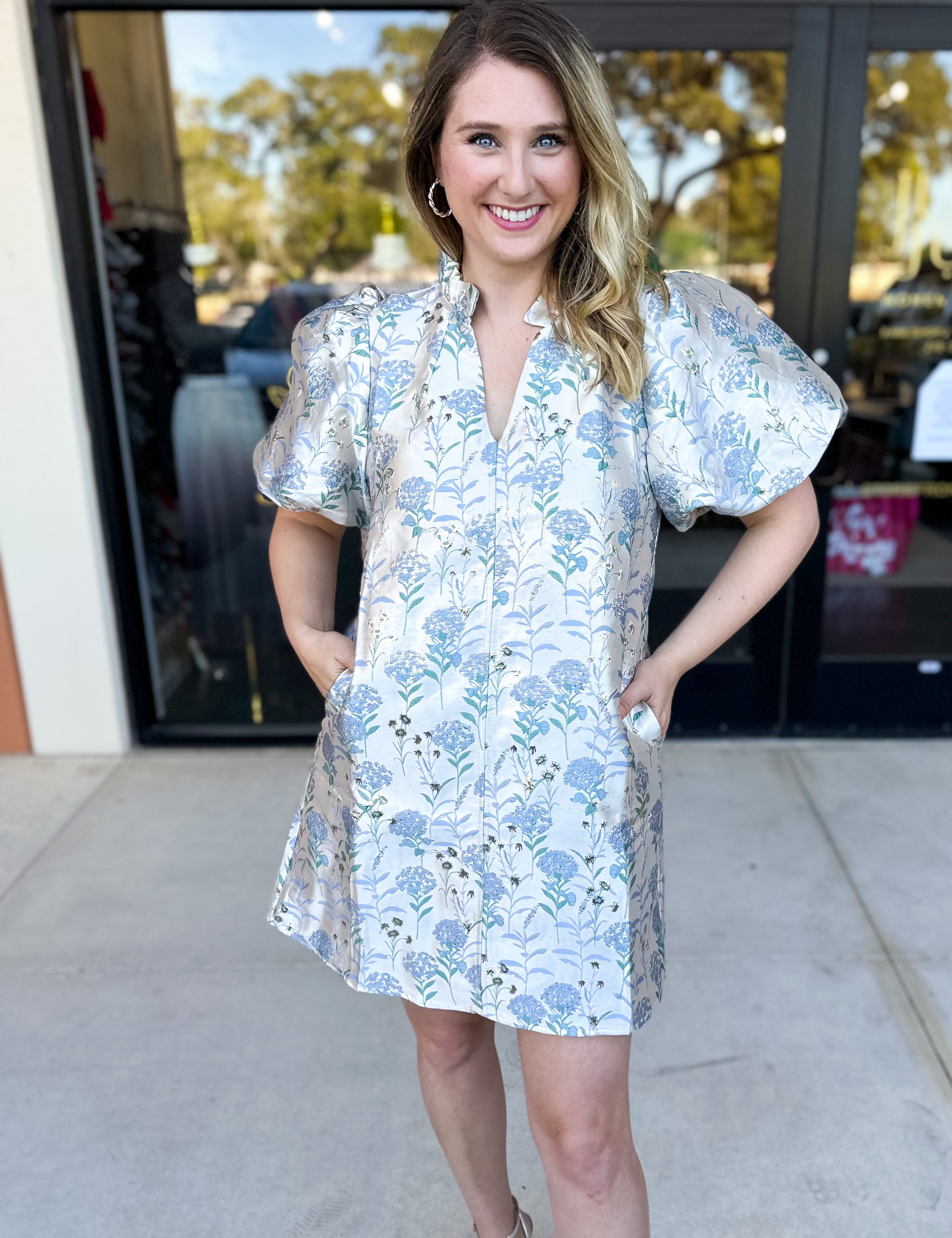 THML - Winter Blue Floral Mini Dress-510 Mini-THML-July & June Women's Fashion Boutique Located in San Antonio, Texas