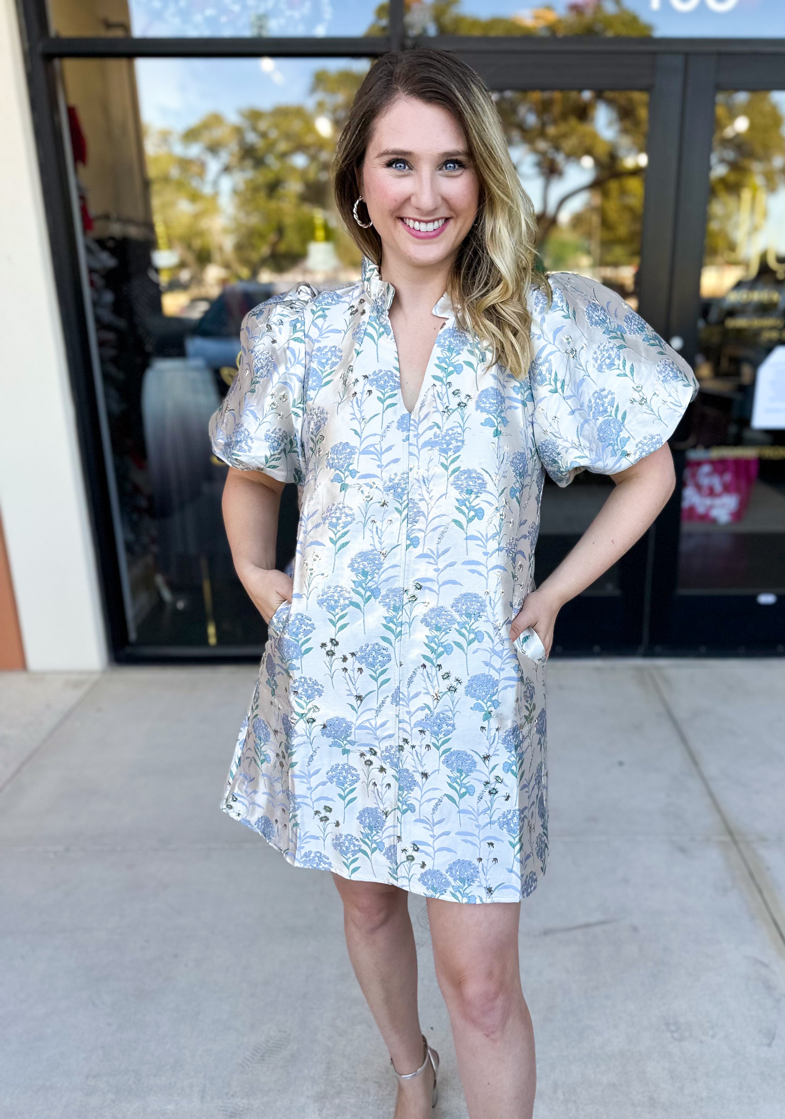 THML - Winter Blue Floral Mini Dress-510 Mini-THML-July & June Women's Fashion Boutique Located in San Antonio, Texas