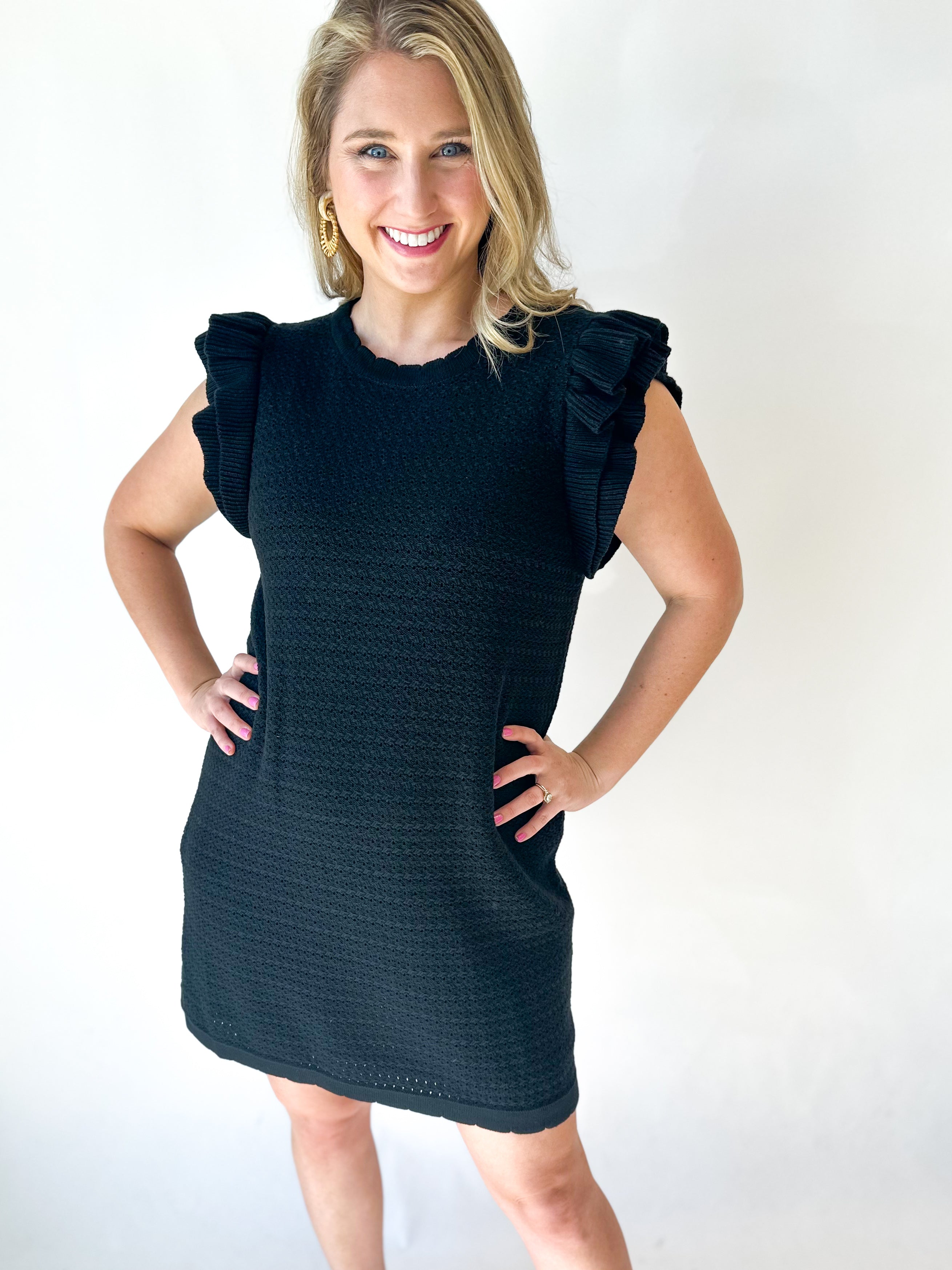 Black Crochet Knit Mini Dress-510 Mini-ENTRO-July & June Women's Fashion Boutique Located in San Antonio, Texas