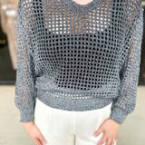 Foil Knit Sweater Top - Black Silver-230 Sweaters/Cardis-ALLIE ROSE-July & June Women's Fashion Boutique Located in San Antonio, Texas