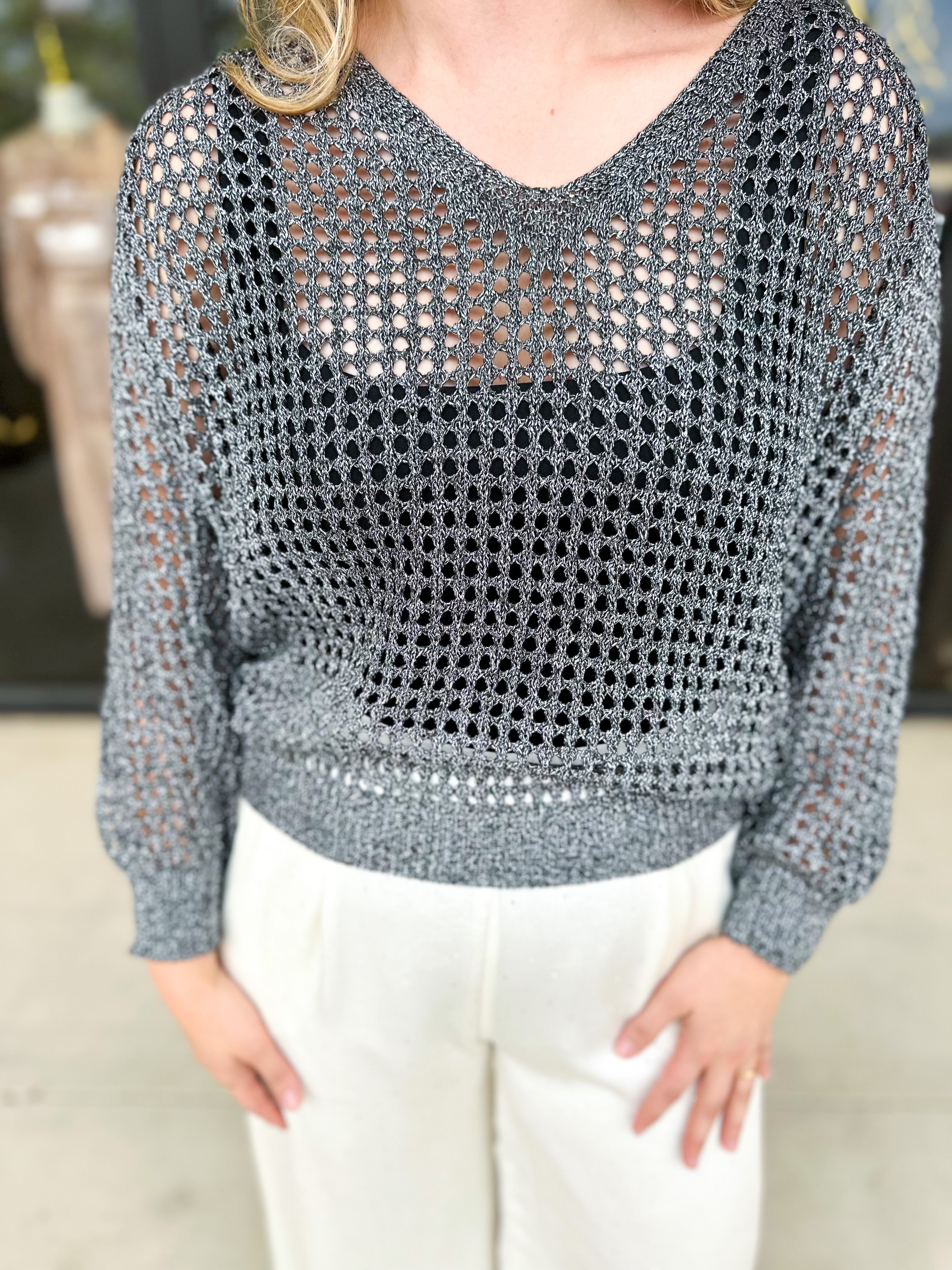 Foil Knit Sweater Top - Black Silver-230 Sweaters/Cardis-ALLIE ROSE-July & June Women's Fashion Boutique Located in San Antonio, Texas