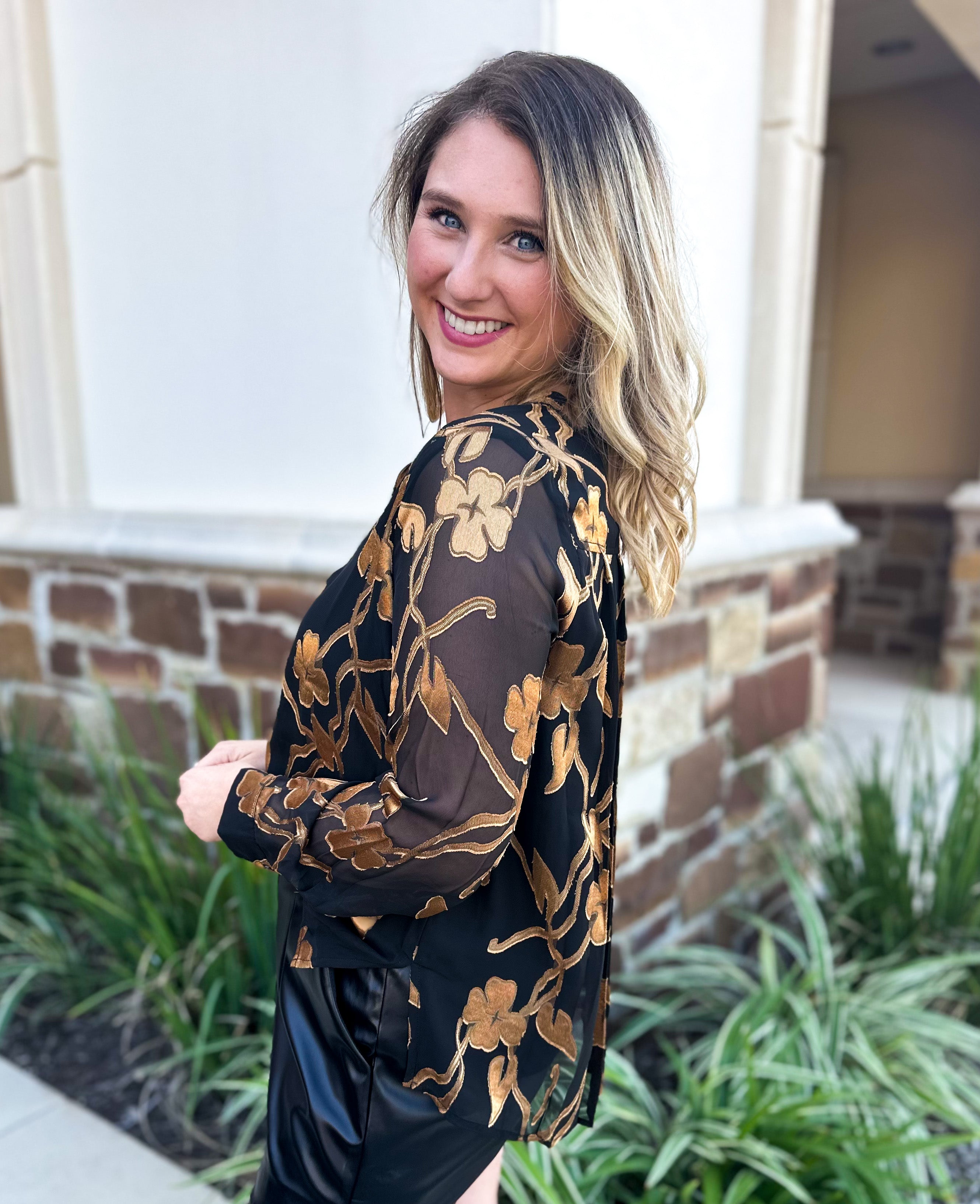 Current Air - Golden Floral Blouse-200 Fashion Blouses-CURRENT AIR CLOTHING-July & June Women's Fashion Boutique Located in San Antonio, Texas