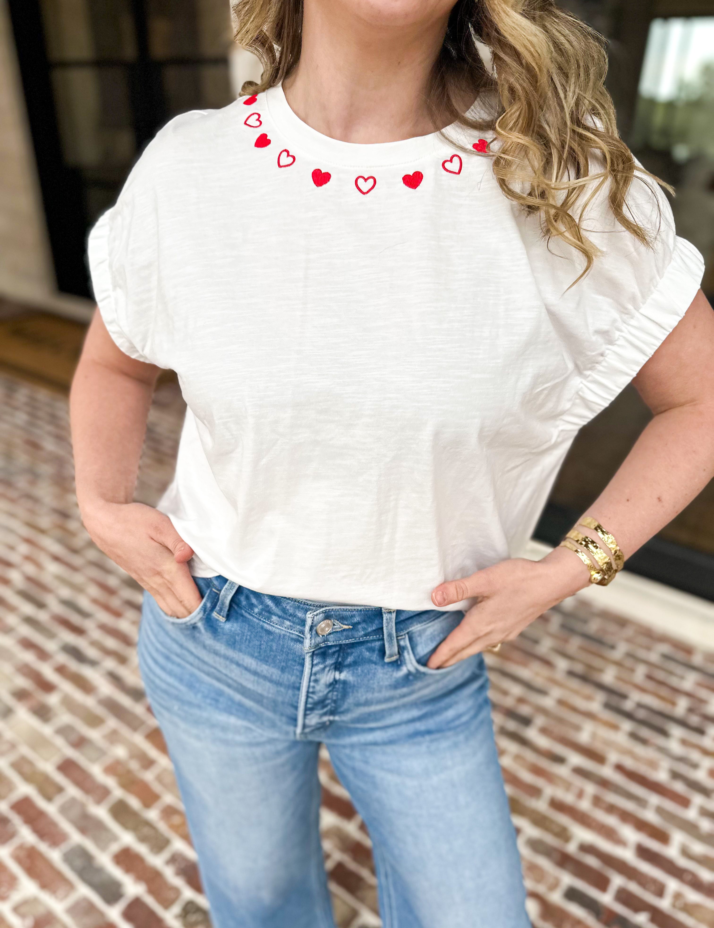 Heart Embroidered Tee-200 Fashion Blouses-DAY + MOON-July & June Women's Fashion Boutique Located in San Antonio, Texas