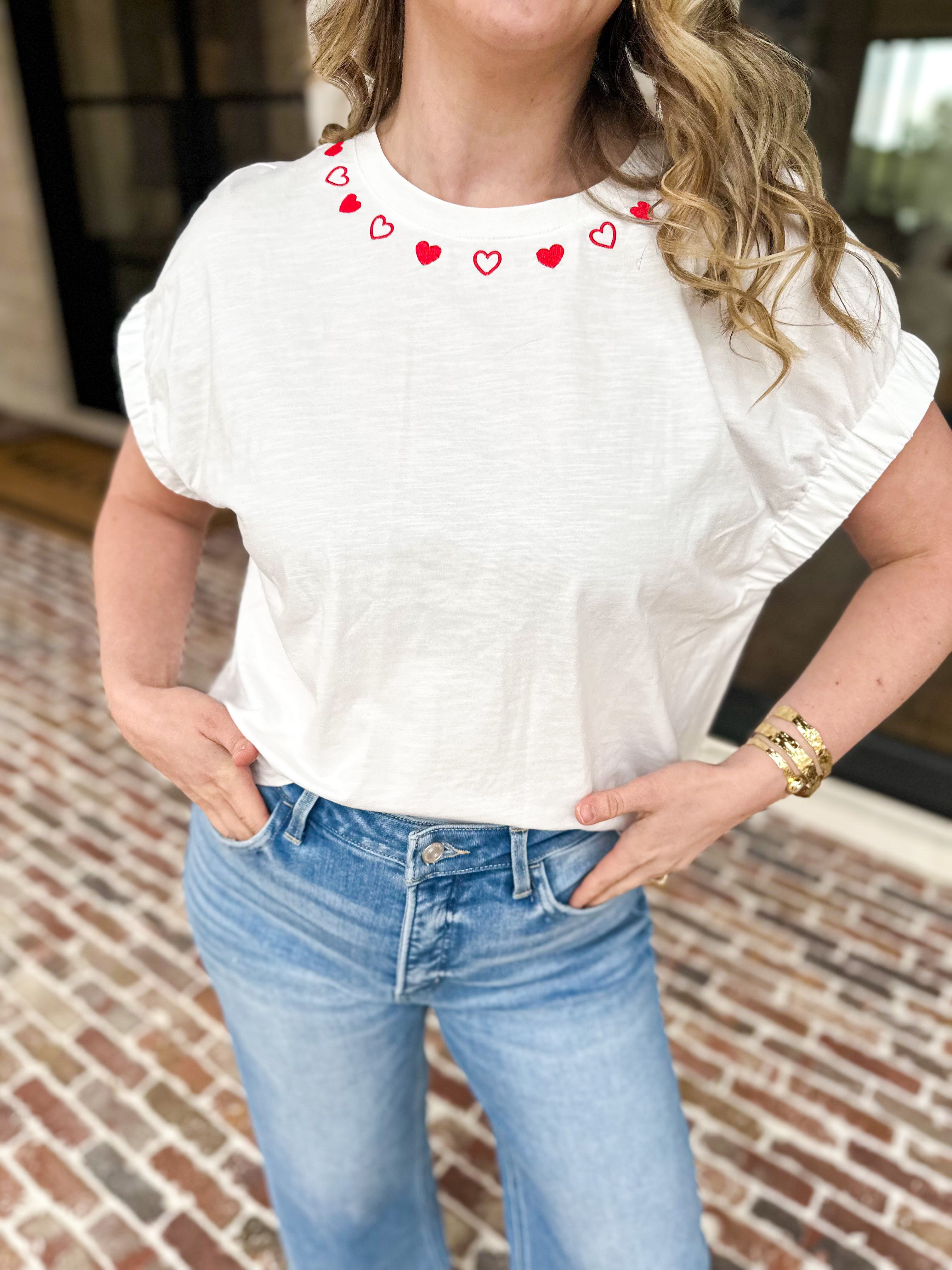 Heart Embroidered Tee-200 Fashion Blouses-DAY + MOON-July & June Women's Fashion Boutique Located in San Antonio, Texas