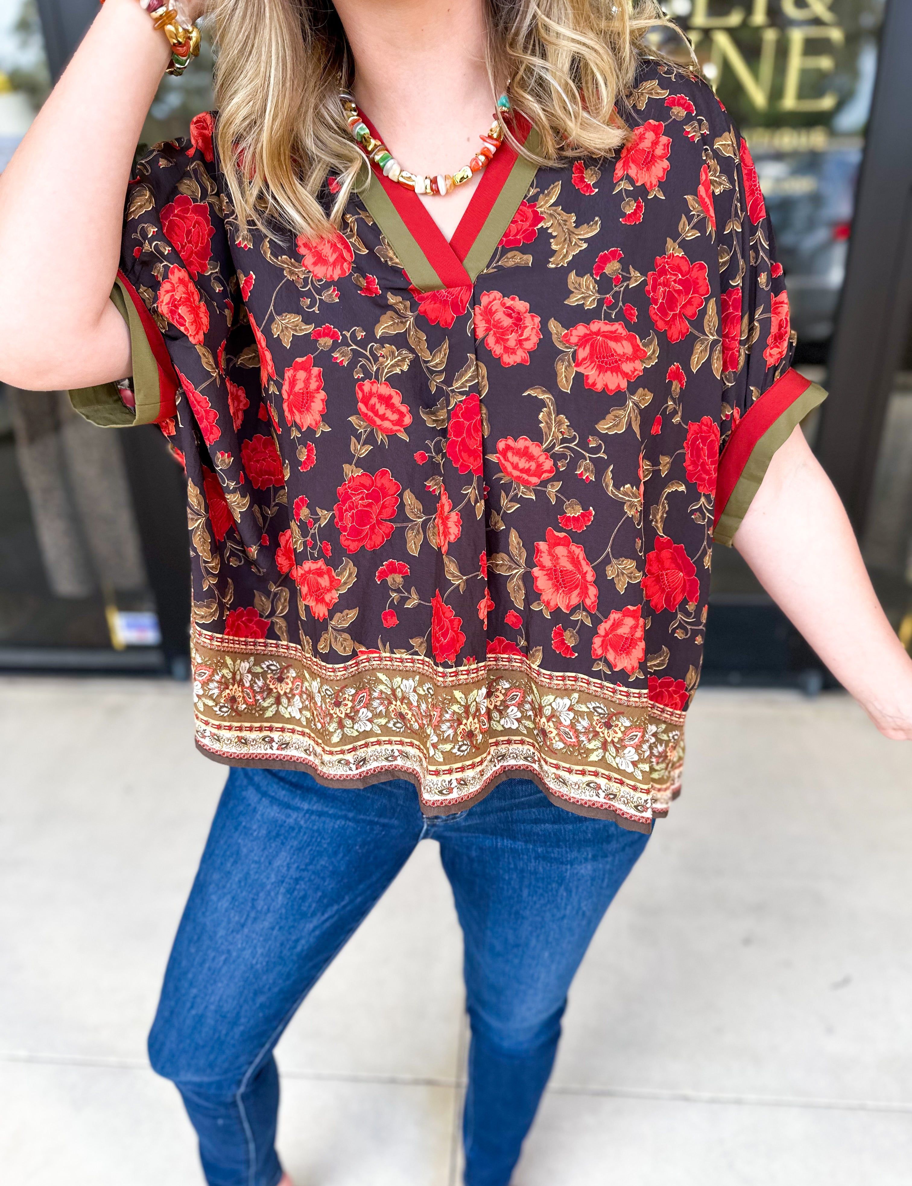 Fall Garden Blouse - Black-200 Fashion Blouses-ENTRO-July & June Women's Fashion Boutique Located in San Antonio, Texas