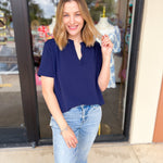 Classic V-Neck Blouse - Navy-200 Fashion Blouses-ENTRO-July & June Women's Fashion Boutique Located in San Antonio, Texas