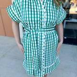 THML - Kelly Green Gingham Mini Dress-510 Mini-THML-July & June Women's Fashion Boutique Located in San Antonio, Texas