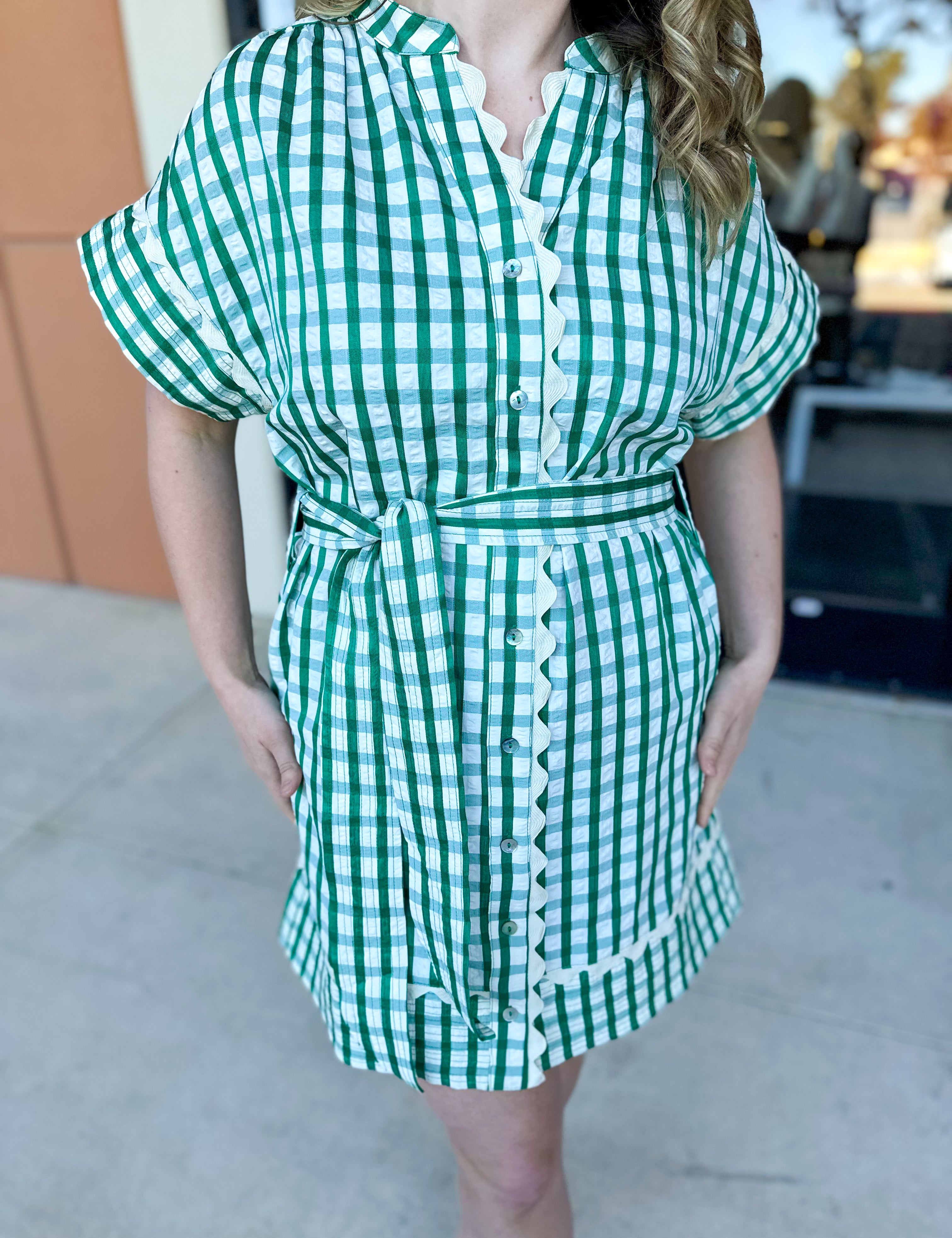 THML - Kelly Green Gingham Mini Dress-510 Mini-THML-July & June Women's Fashion Boutique Located in San Antonio, Texas