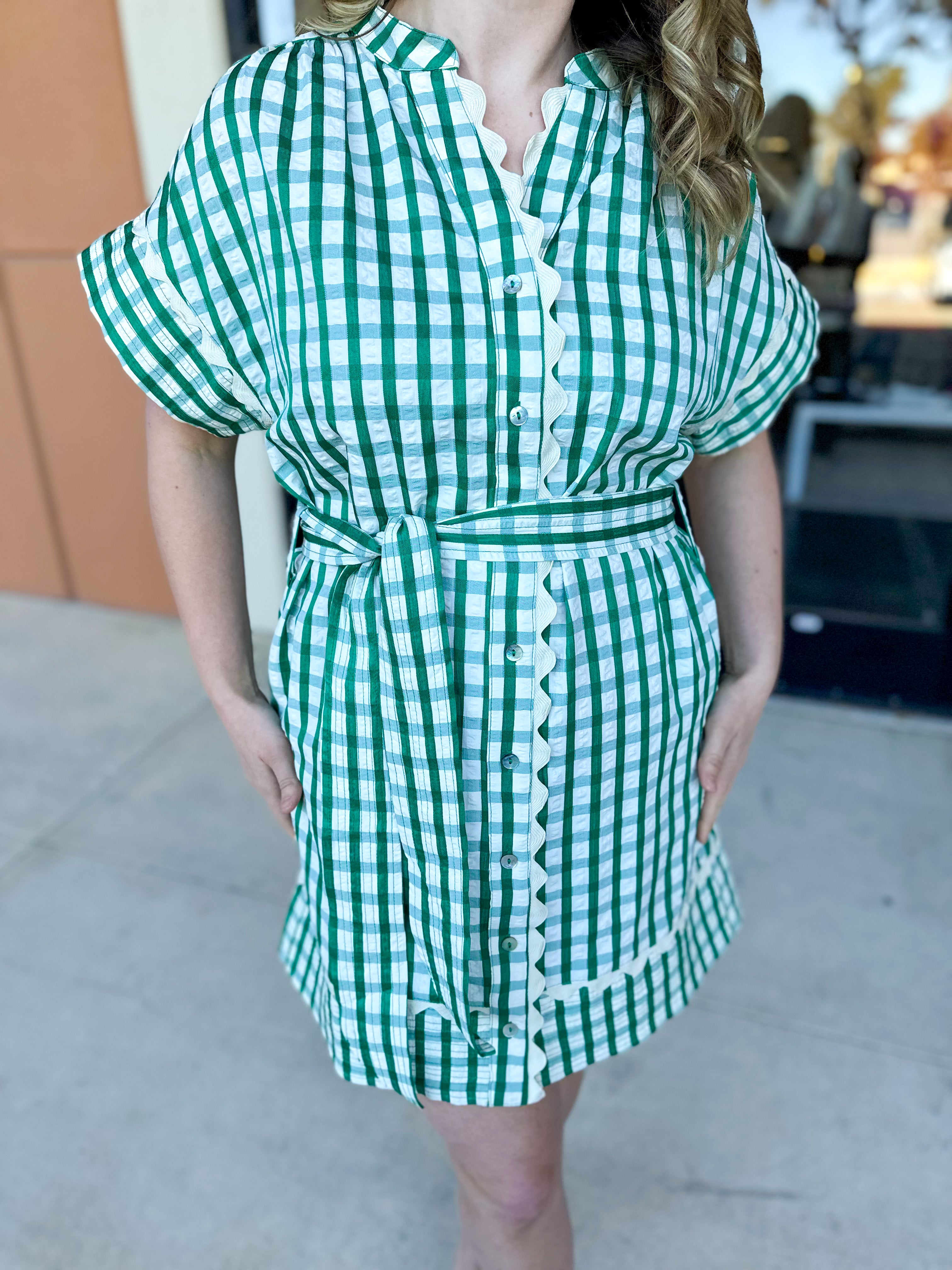THML - Kelly Green Gingham Mini Dress-510 Mini-THML-July & June Women's Fashion Boutique Located in San Antonio, Texas